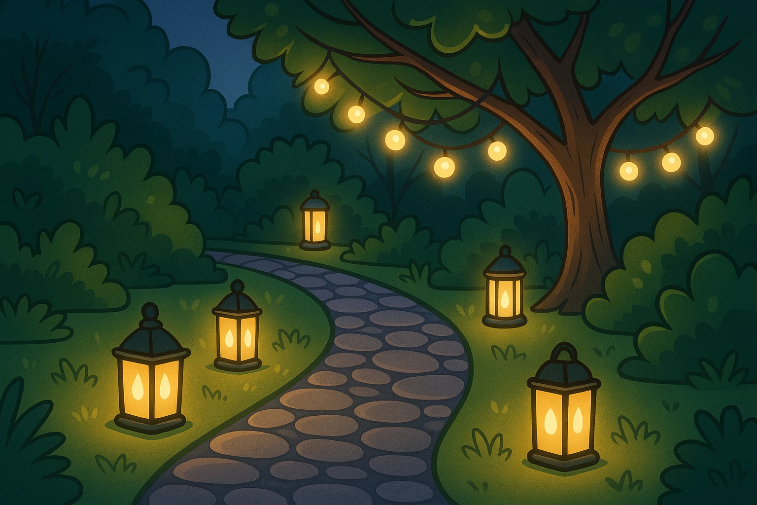 A beautifully lit outdoor garden scene featuring a variety of stylish lighting fixtures, including elegant ground lanterns lining a stone pathway and softly glowing string lights draped artfully through tree branches, creating a serene and inviting atmosphere.