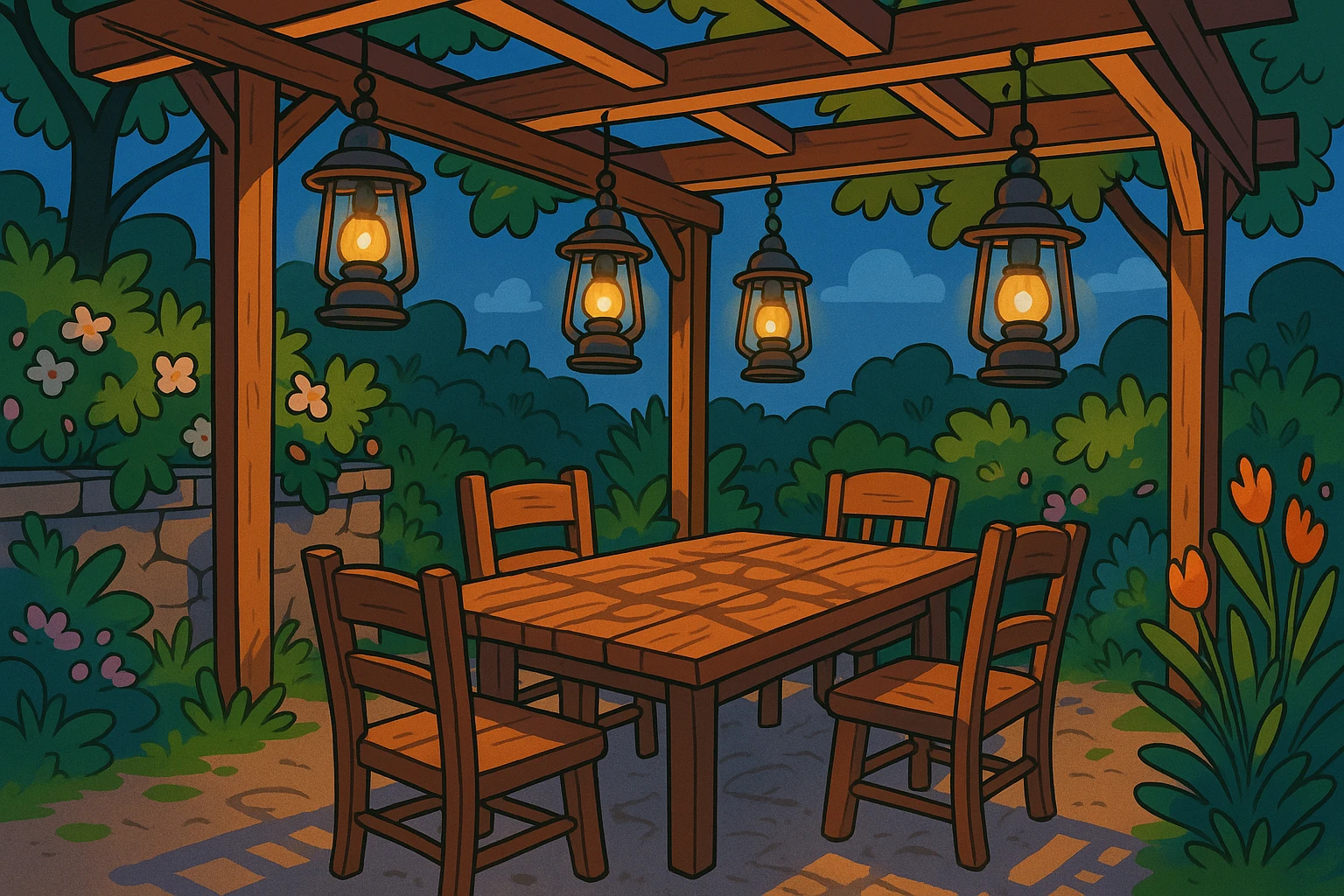 A rustic outdoor dining area illuminated by vintage metal lanterns hanging from a pergola, casting intricate shadows on the wooden table and chairs, surrounded by lush greenery and blooming flowers.