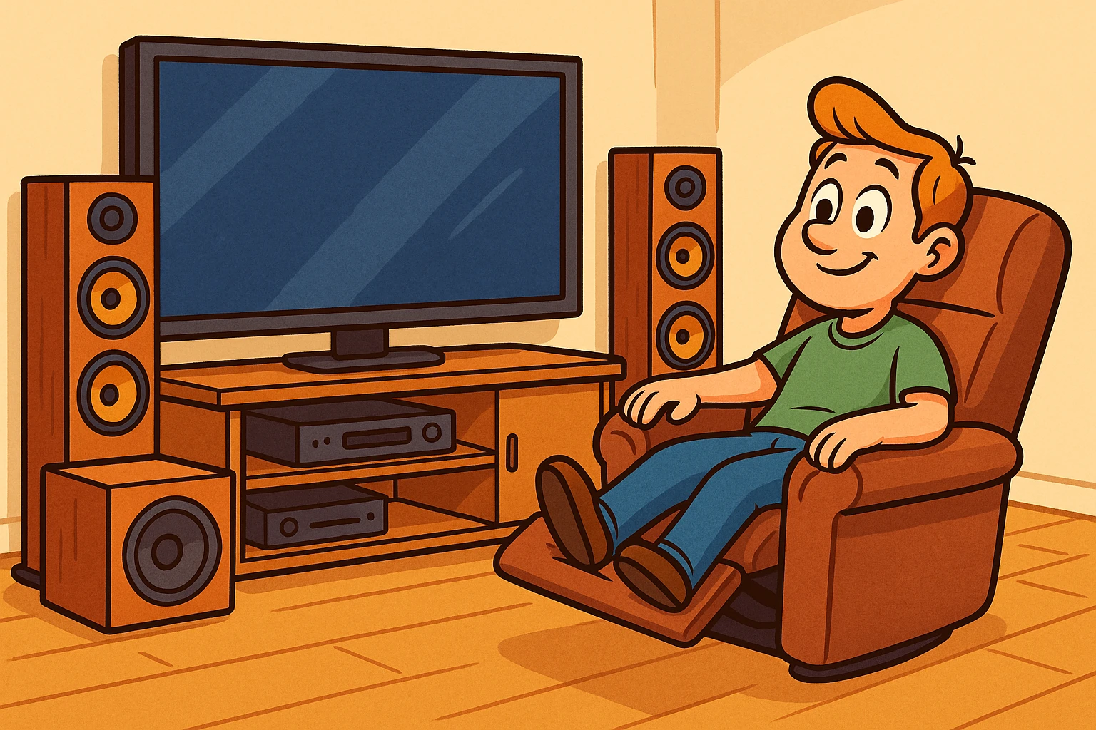 A sleek home theater setup featuring a large ultra-high-definition TV mounted on a minimalist entertainment console, surrounded by high-performance floor-standing speakers and a subwoofer, with a plush reclining chair positioned for optimum viewing.