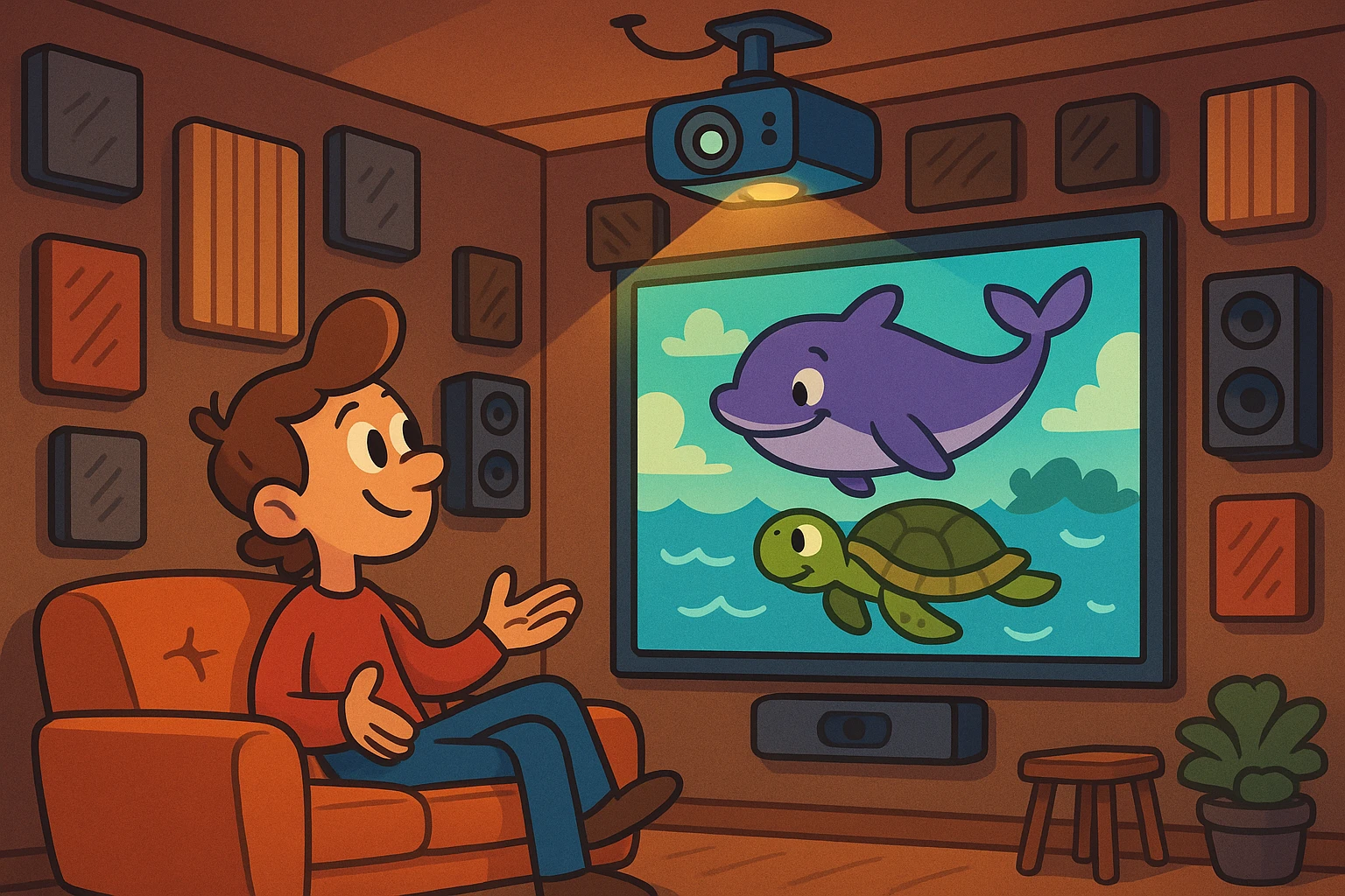 A modern home theater setup featuring a ceiling-mounted projector casting a vivid image onto a large screen, with wall-mounted surround sound speakers and an array of acoustic panels, set within a cozy room with dimmable ambient lighting.