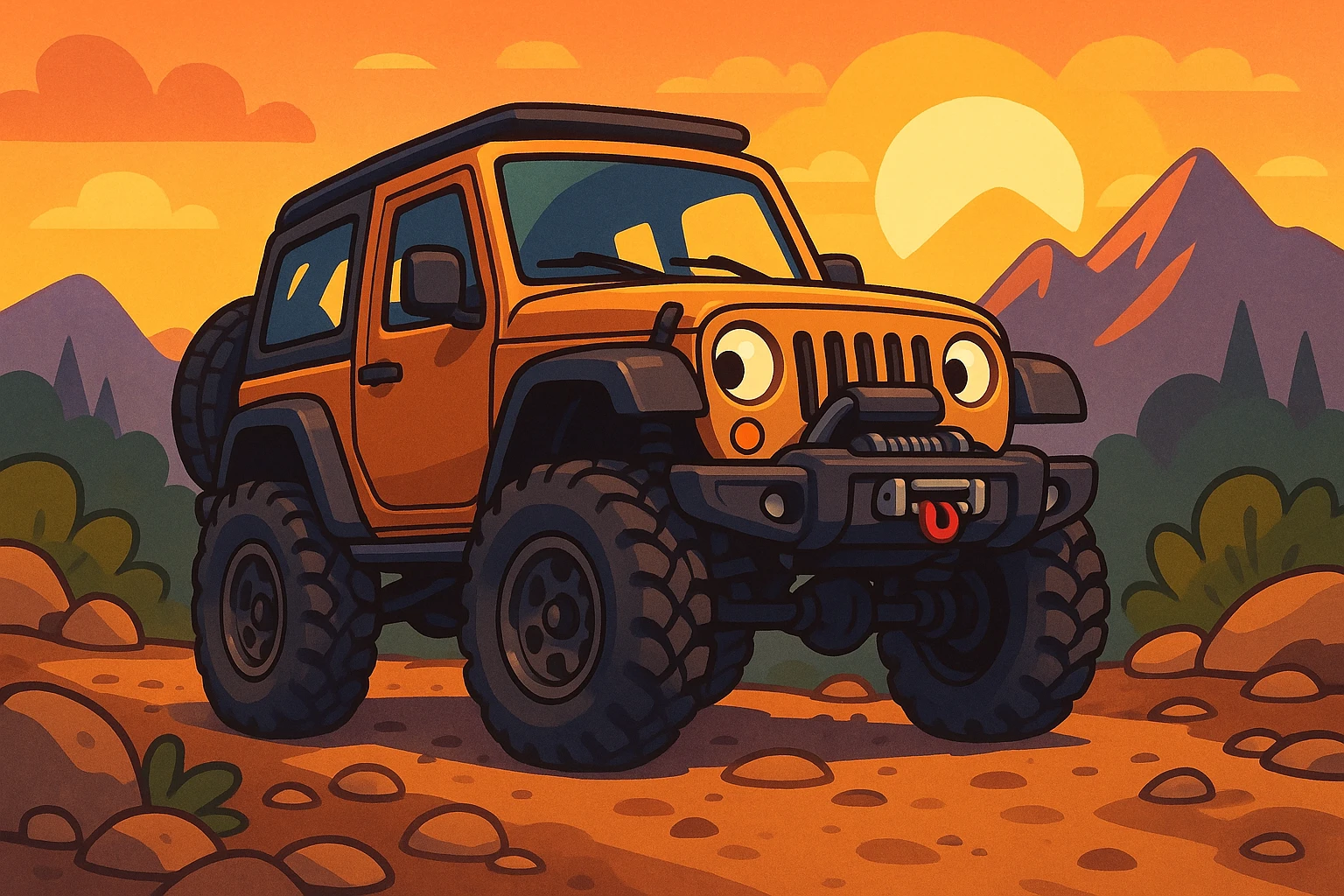 A rugged off-road vehicle is parked on a rocky trail, showcasing its beefy all-terrain tires and upgraded suspension system, while the sun sets behind a mountainous backdrop, highlighting the gleaming winch and customized bumper.