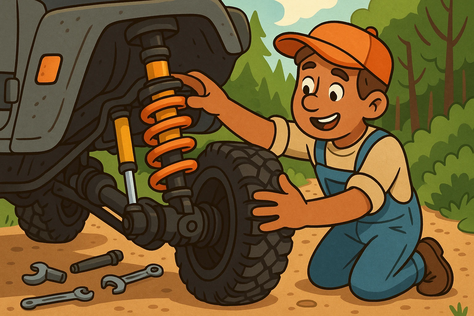 A close-up shot of a high-performance off-road suspension system being installed into a rugged 4x4 vehicle, with tools scattered around on the dirt ground, against a backdrop of a dense forest trail.