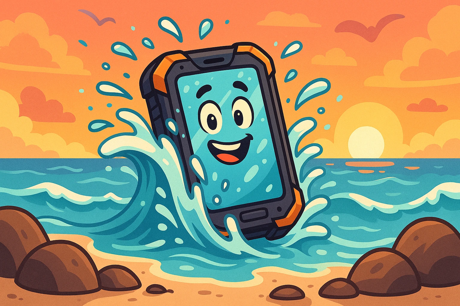 A rugged smartphone being splashed by ocean waves on a rocky beach, showcasing its waterproof capabilities against a vibrant sunset backdrop.