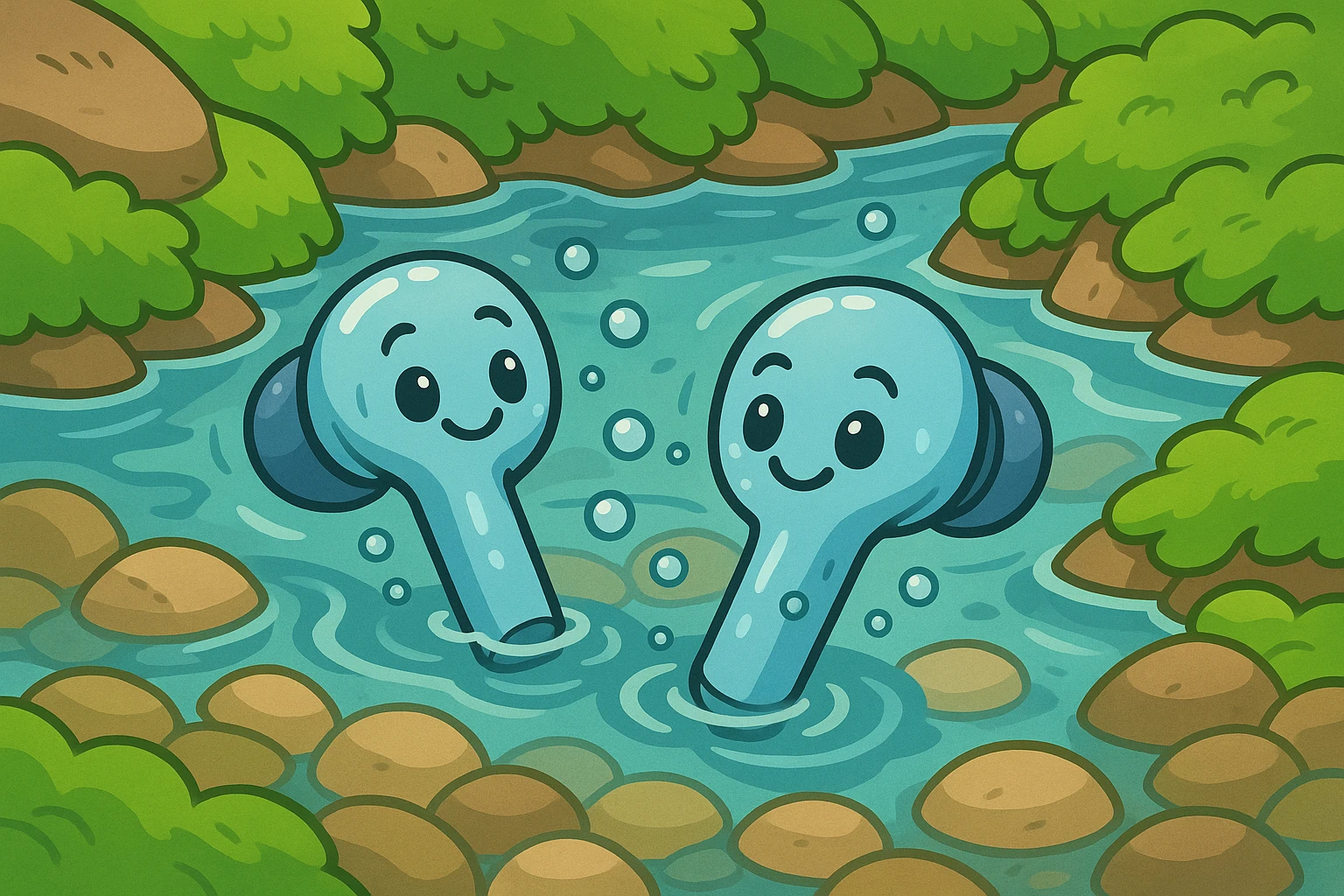 A pair of waterproof wireless earbuds submerged in a crystal-clear mountain stream, surrounded by smooth pebbles and vibrant green moss, demonstrating their resilience in rugged outdoor environments.