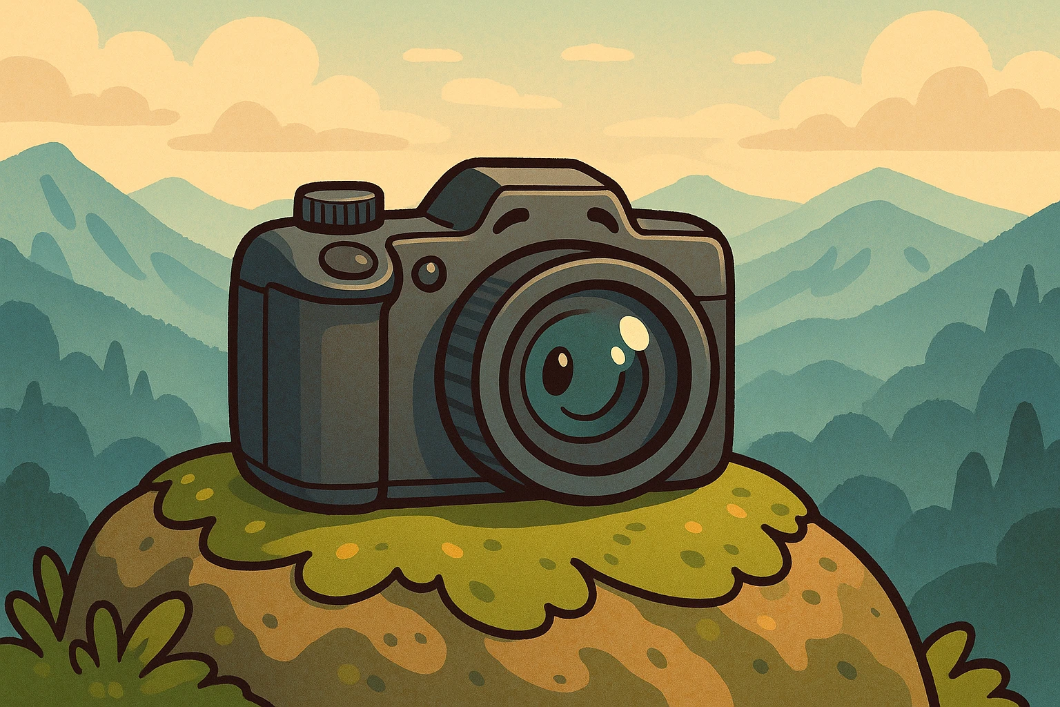 A close-up of a sleek digital camera resting on a moss-covered rock, with a panoramic view of a misty mountain range in the background, capturing the essence of adventure and nature photography.