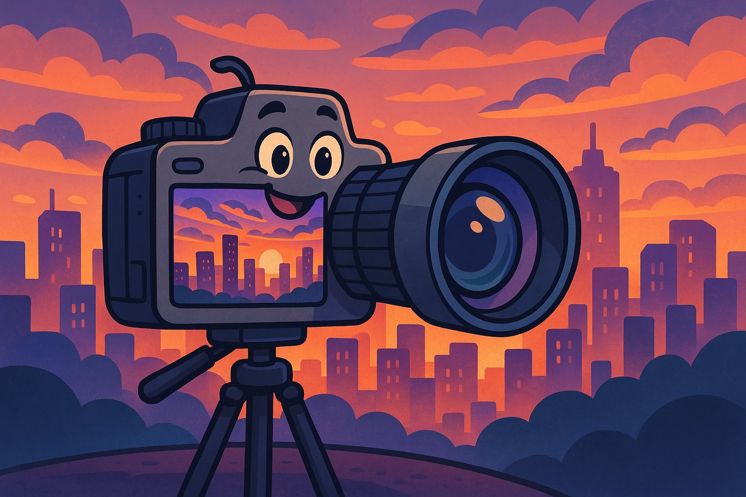 A digital camera with a wide-angle lens mounted on a tripod, capturing the vibrant colors of a city skyline at dusk, with the camera's screen displaying the stunning view in vivid detail.