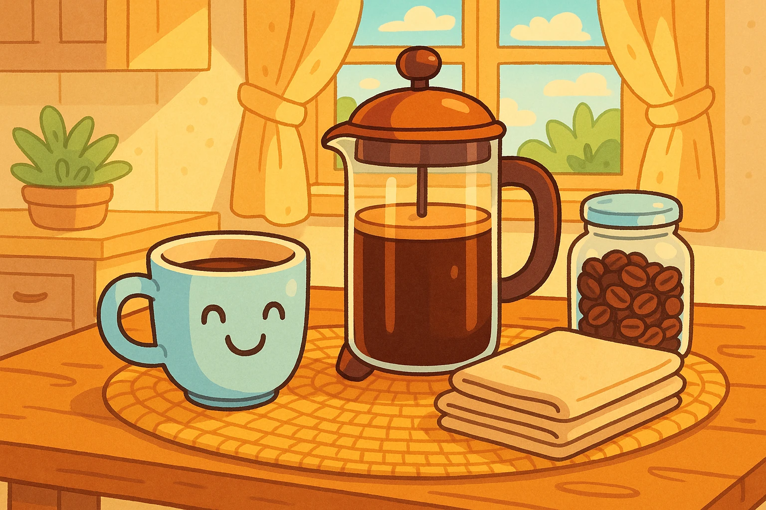 A wooden breakfast table set in a sunlit kitchen, featuring a sleek ceramic coffee mug next to a French press, a glass jar of whole coffee beans, and a stack of linen napkins, all resting on a woven placemat.