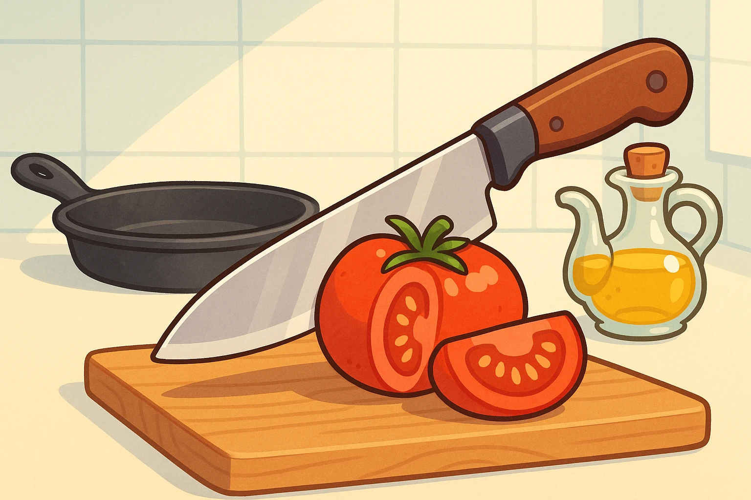 A close-up of a sturdy stainless steel kitchen knife slicing through a ripe tomato on a wooden cutting board, with a durable cast iron skillet and a glass oil dispenser in the background in a bright, minimalist kitchen setting.