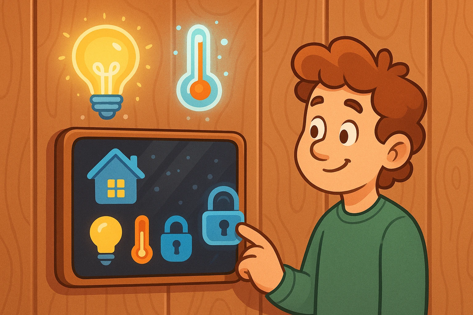 A glossy smart home panel embedded in a sleek wooden wall, controlling ambient lighting, temperature, and security, with holographic icons floating above.