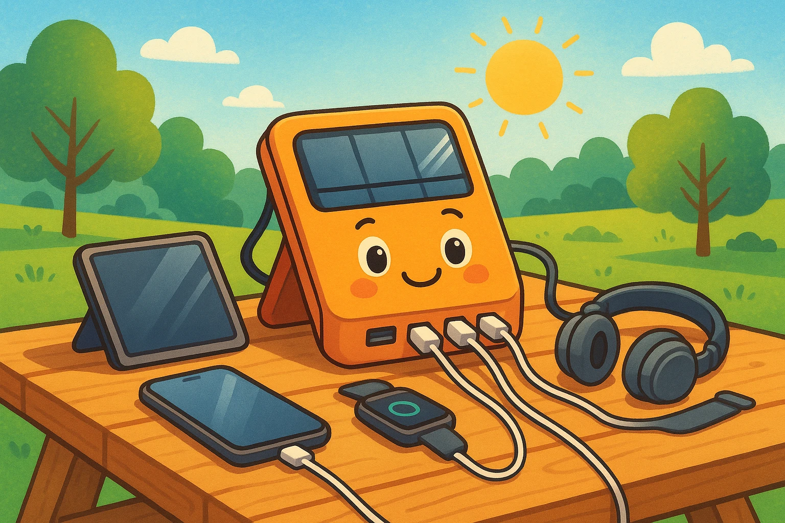 A lightweight solar battery charger rests on a sunlit picnic table, surrounded by various electronic devices charging through its multiple USB ports, set against a backdrop of a vibrant green park under a clear blue sky.