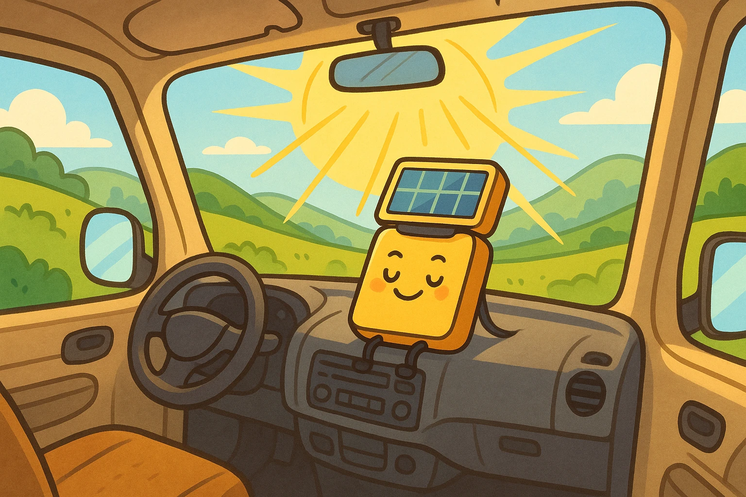 A solar battery charger is mounted on the dashboard of a camper van, soaking up sunlight through the windshield, with rolling hills and a clear sky visible through the surrounding windows.