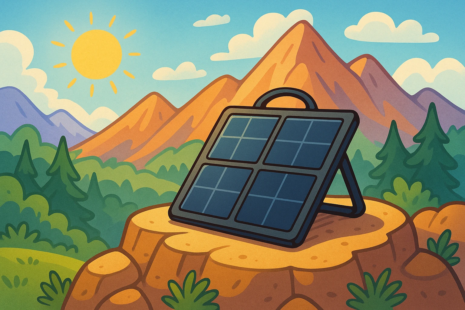 A sleek, foldable portable solar panel resting on a sunlit rocky outcrop, with a vibrant mountain landscape in the background, illustrating its capability to charge devices in remote outdoor settings.
