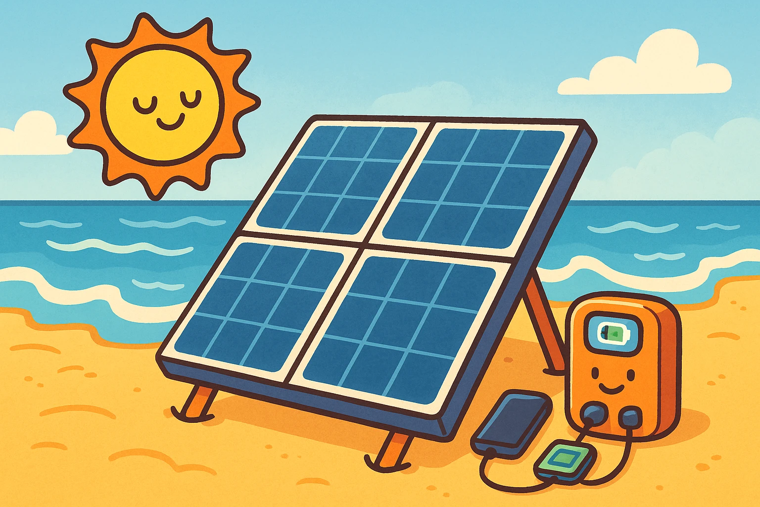A portable solar panel array set up on a sandy beach, tilted to catch the sunlight, with waves gently lapping in the background and a charging station displaying small devices being powered.