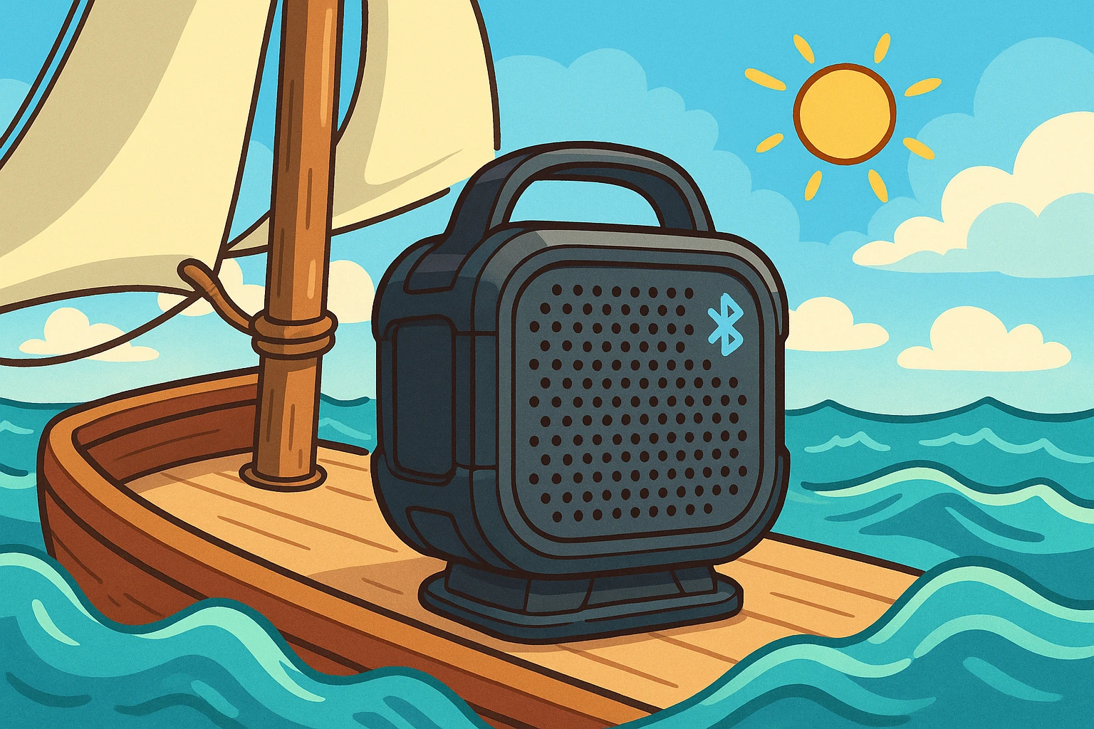 A sleek Bluetooth marine speaker mounted on the deck of a sailboat, surrounded by gentle waves and clear blue skies, capturing the essence of outdoor adventure with its durable, weatherproof design.