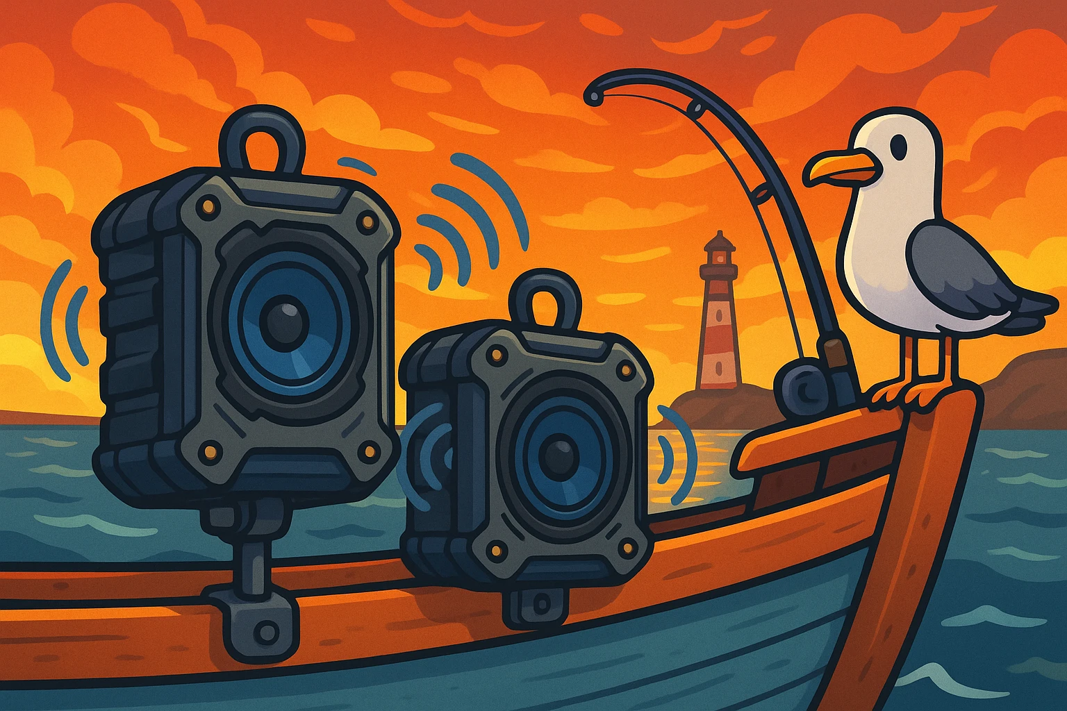 A pair of rugged Bluetooth marine speakers mounted on a fishing boat, with a seagull perched nearby and a distant lighthouse against the backdrop of a fiery sunset, illustrating both their robustness and adaptability in varying marine conditions.