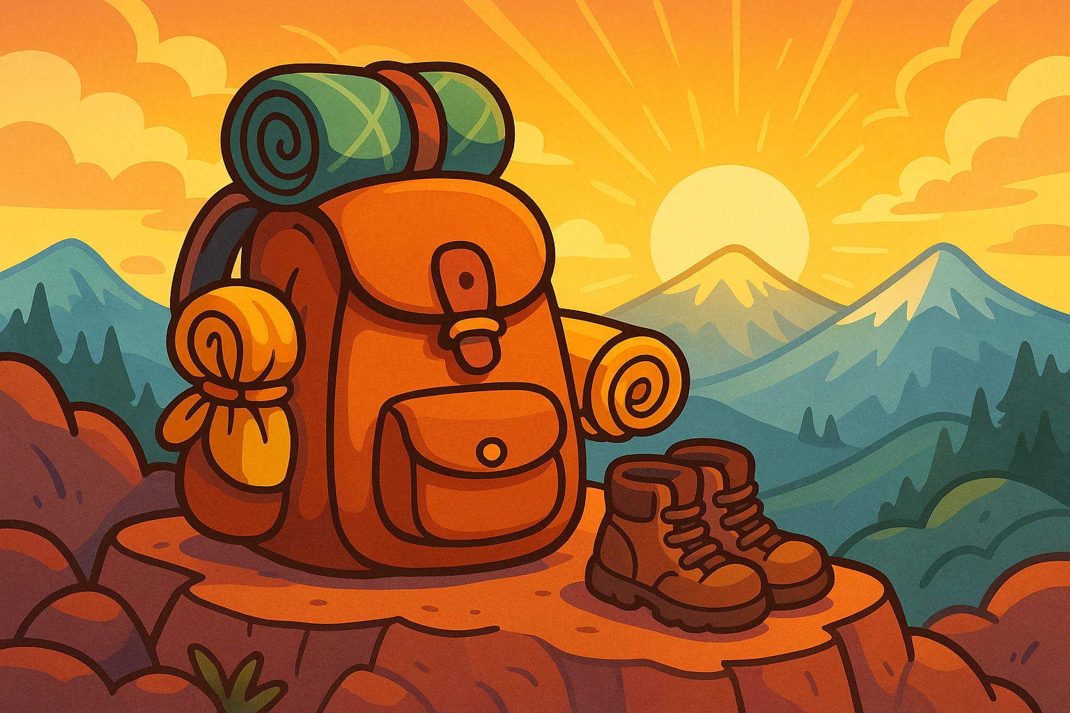 A hiker's backpack rests on a rocky outcrop, filled with essentials like a weatherproof tent, a lightweight sleeping bag, and a sturdy pair of hiking boots, all underneath a vivid sunrise casting golden hues across a serene mountain landscape.