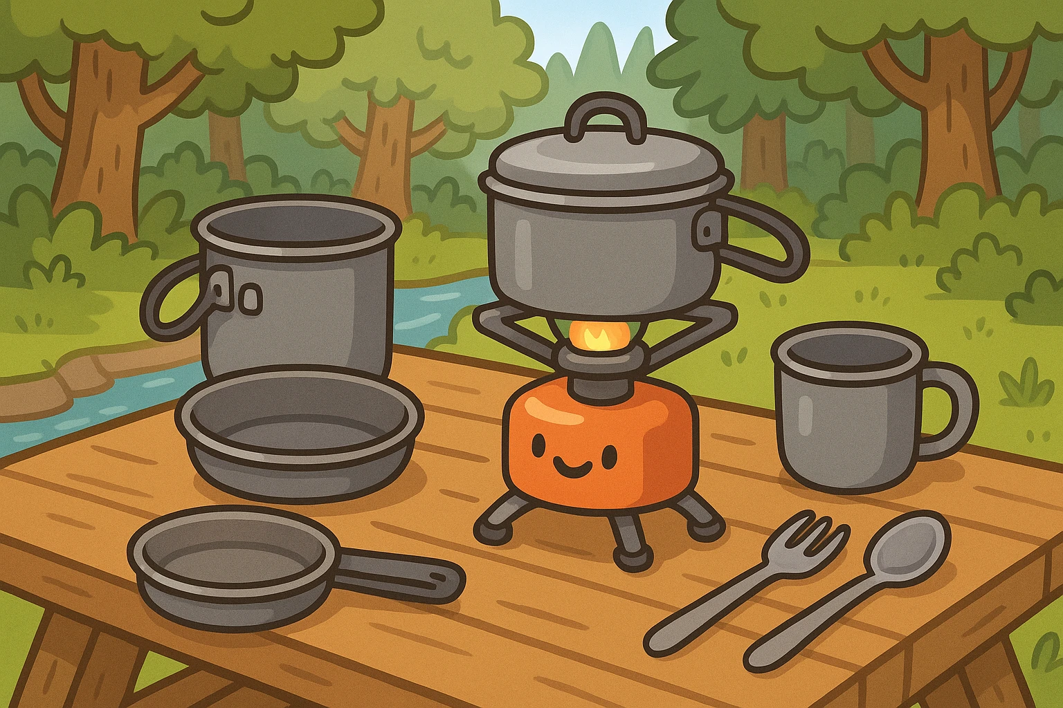 A close-up of a portable camping stove set on a wooden picnic table, surrounded by lightweight cooking gear like titanium pots and utensils, with a forested backdrop and a stream gently flowing nearby.