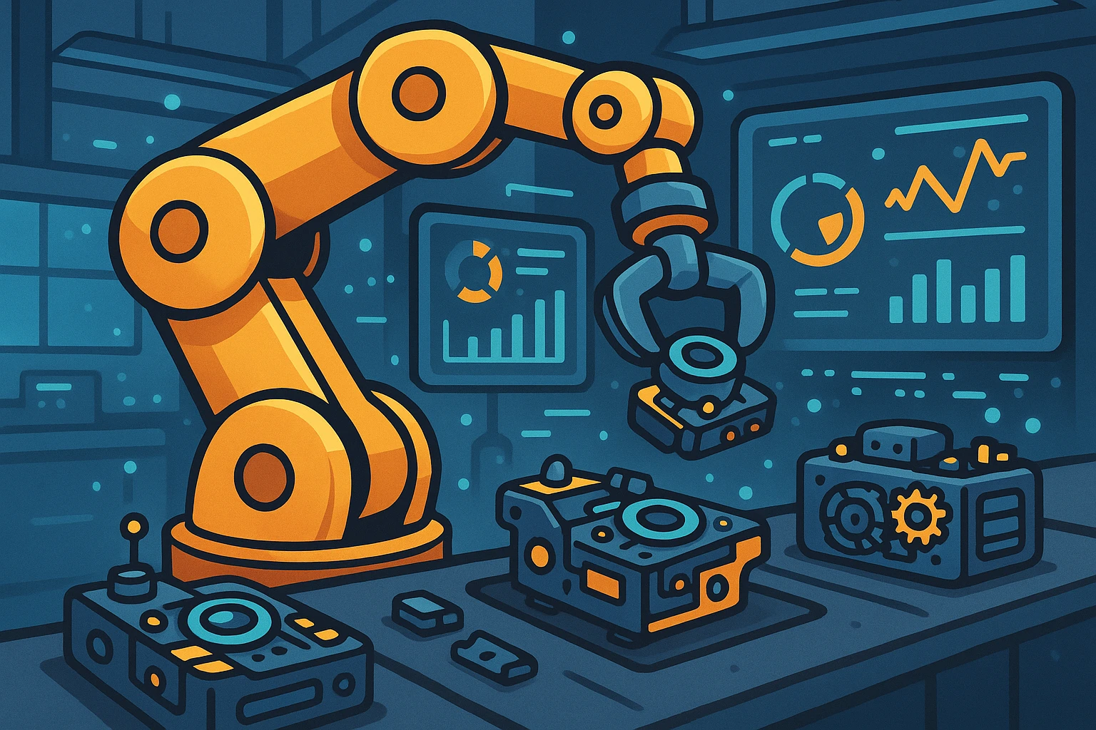 A sleek robotic arm assembling intricate gadgets in a high-tech manufacturing facility, with digital displays showing real-time analytics overlaying the scene.