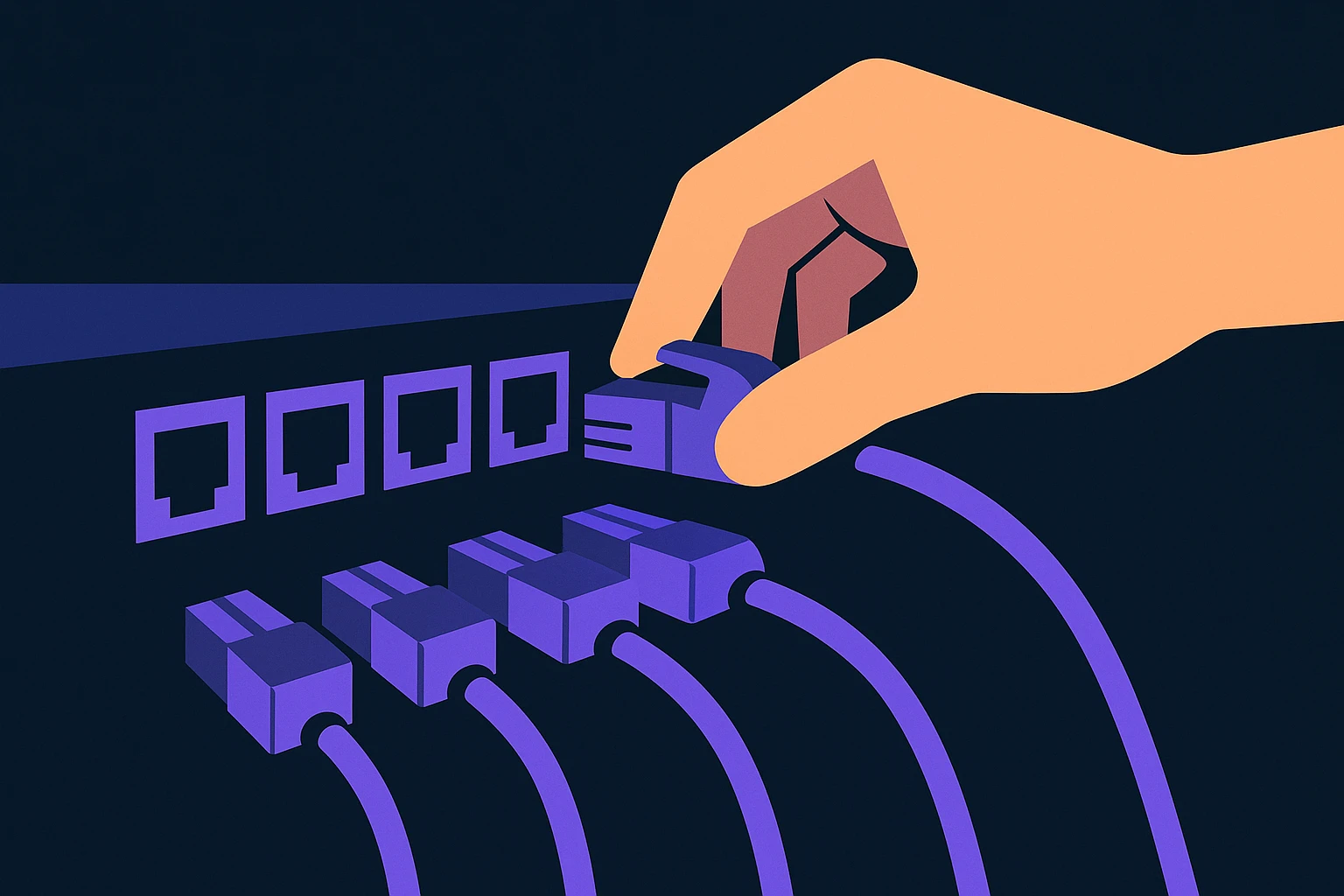 A detailed close-up of a hand configuring multiple Ethernet cables into a network switch, symbolizing the intricate connectivity needed for managing Pinterest proxies effectively.
