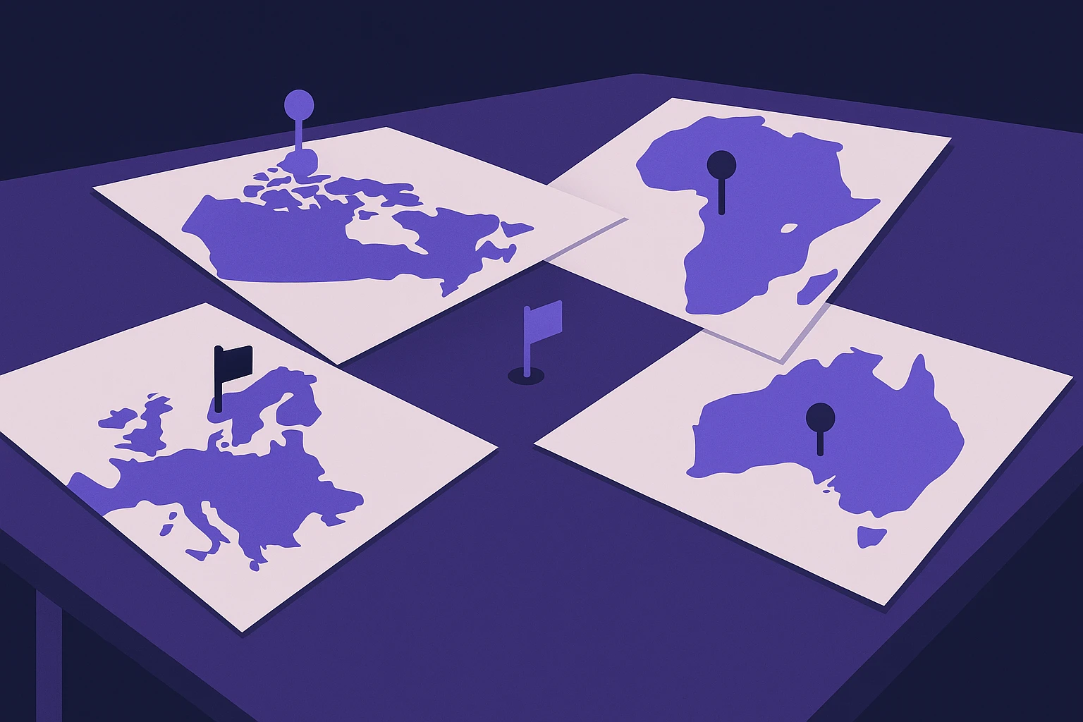 A table covered with various regional maps and small flag pins, illustrating the global reach and demographic targeting possible with Pinterest proxies.