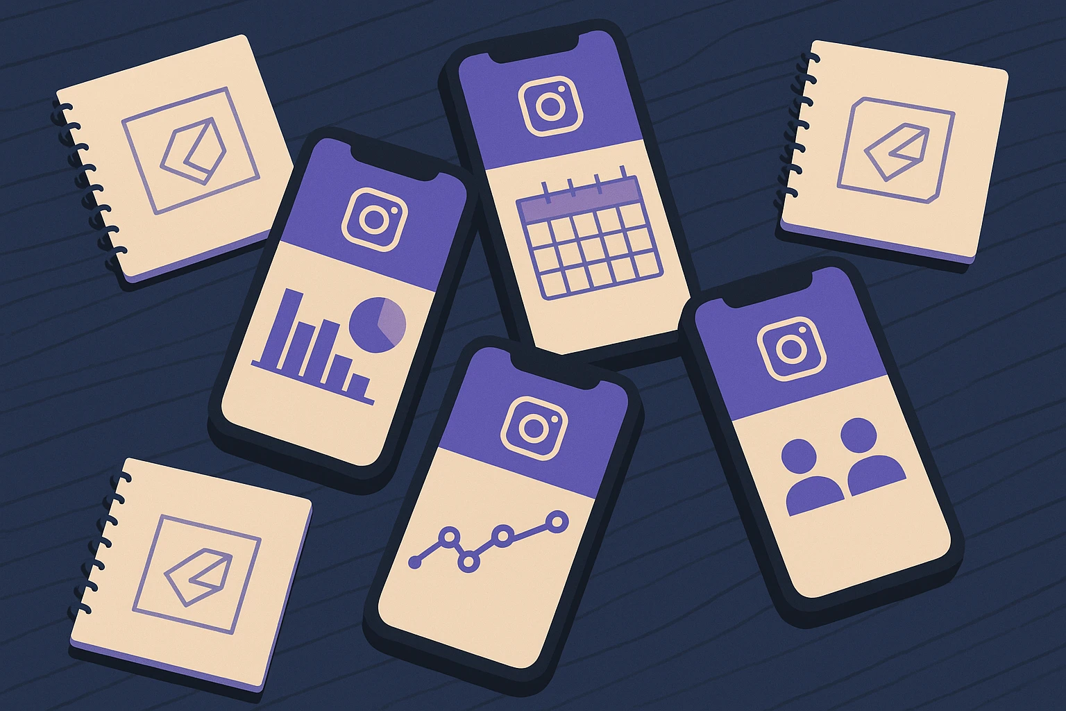A set of smartphones laid out on a wooden table, each displaying different Instagram analytics and scheduling apps, surrounded by notepads with brand logos sketched, symbolizing strategic planning and multi-account management.