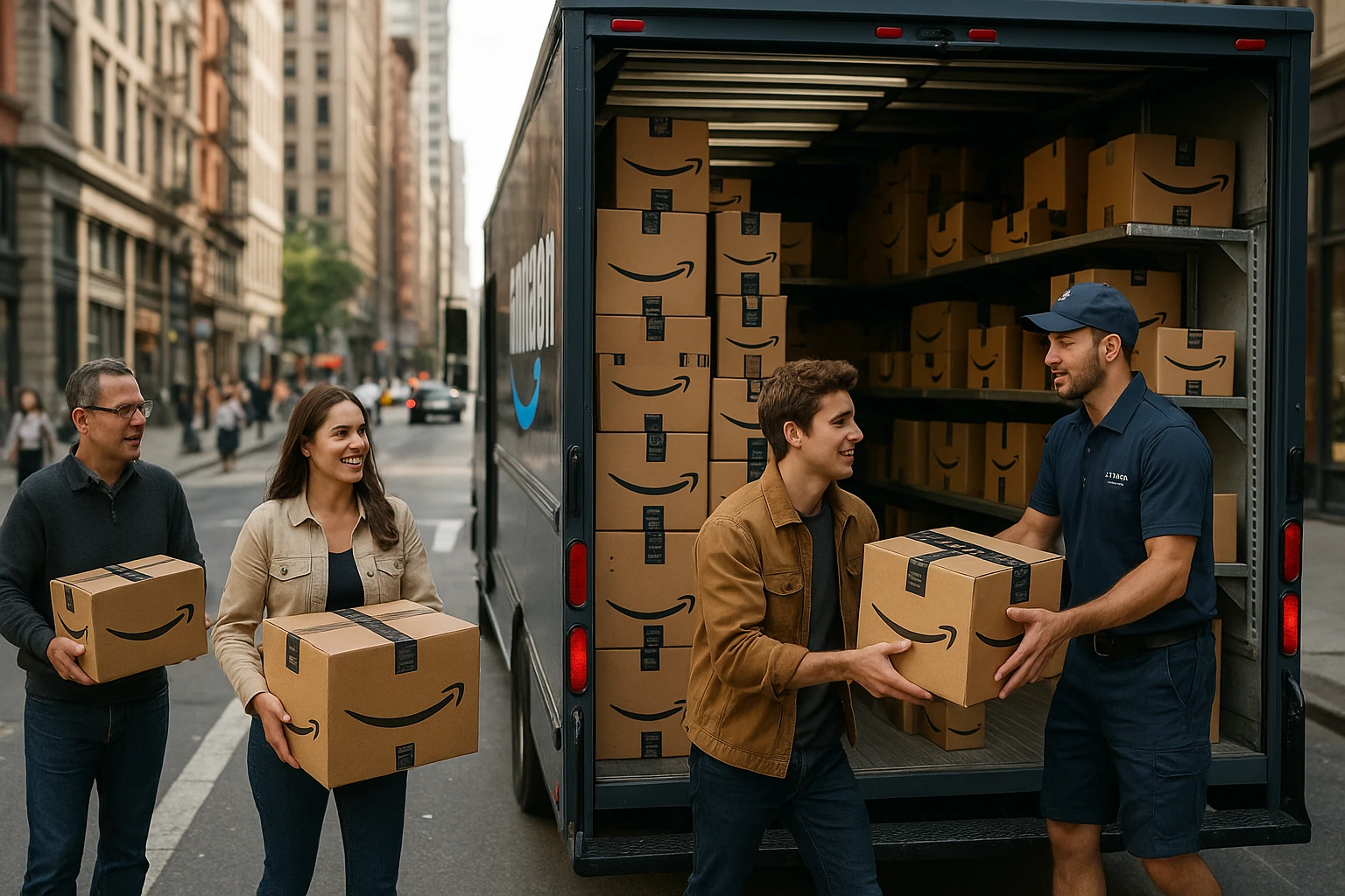 A bustling city street with a large Amazon delivery truck parked beside the curb, packages stacked high inside and customers eagerly receiving their orders, showcasing the logistical power of Amazon's platform.