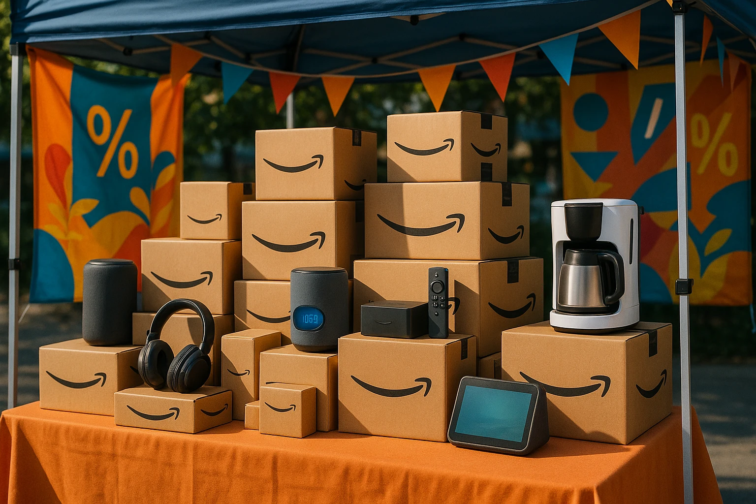 A vibrant outdoor marketplace stall displaying a variety of Amazon-branded packages, surrounded by popular tech gadgets, home essentials, and colorful banners promoting exclusive online deals.
