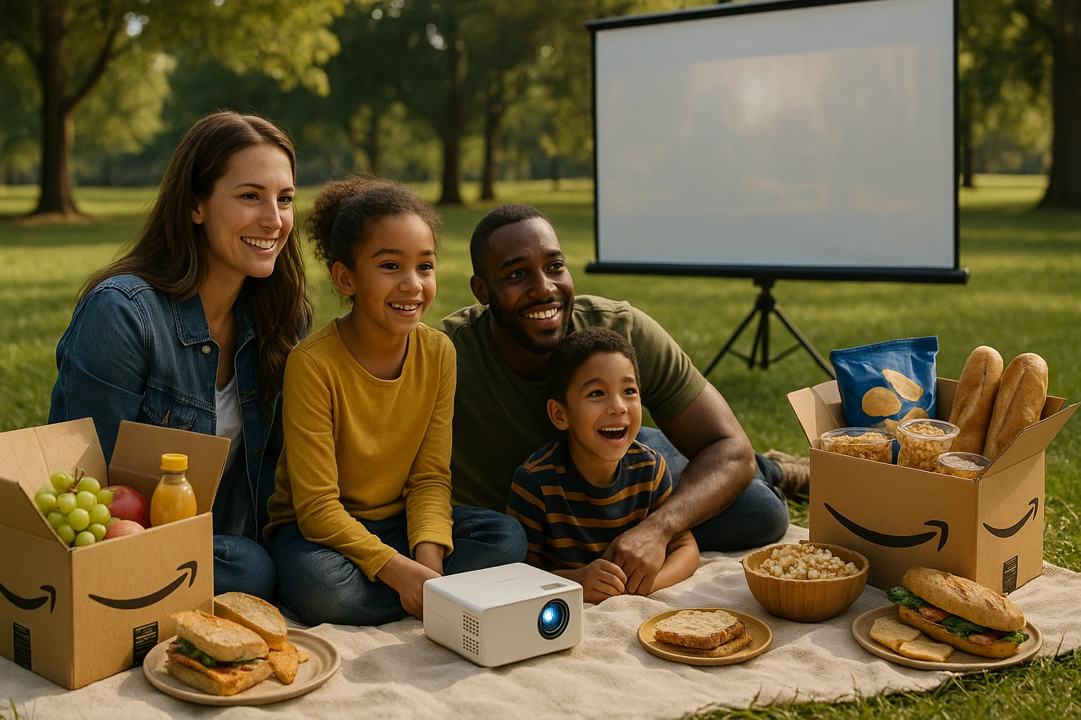 A picnic scene in a park where a family is enjoying streaming a movie on a portable projector, surrounded by Amazon Prime boxes filled with snacks and picnic essentials, utilizing the diverse benefits of their membership in a natural outdoor setting.