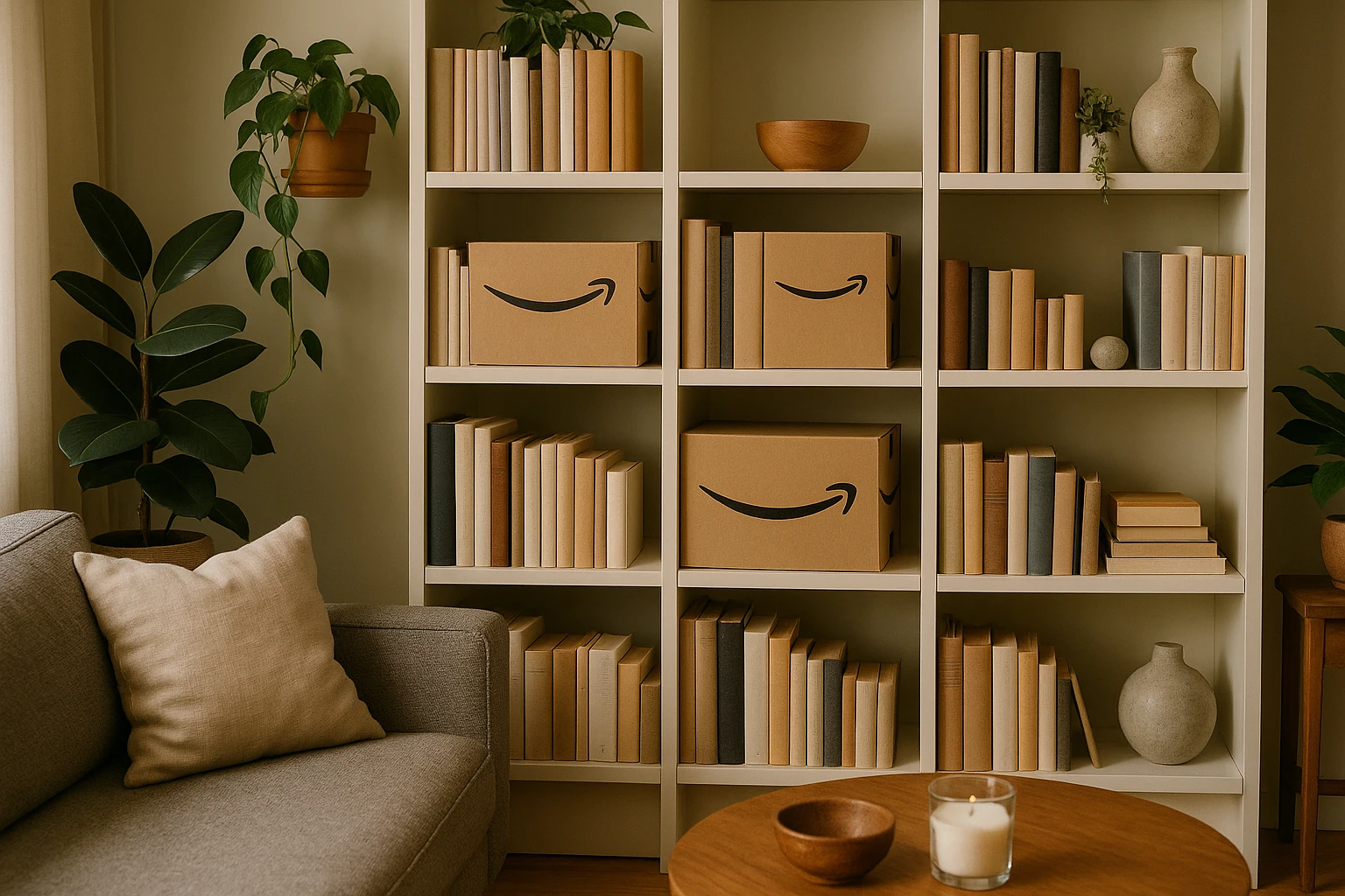 A cozy living room scene showcasing a well-organized bookshelf with Amazon packages tucked neatly among books, plants, and decorative items, subtly highlighting the integration of online purchases into everyday home life.