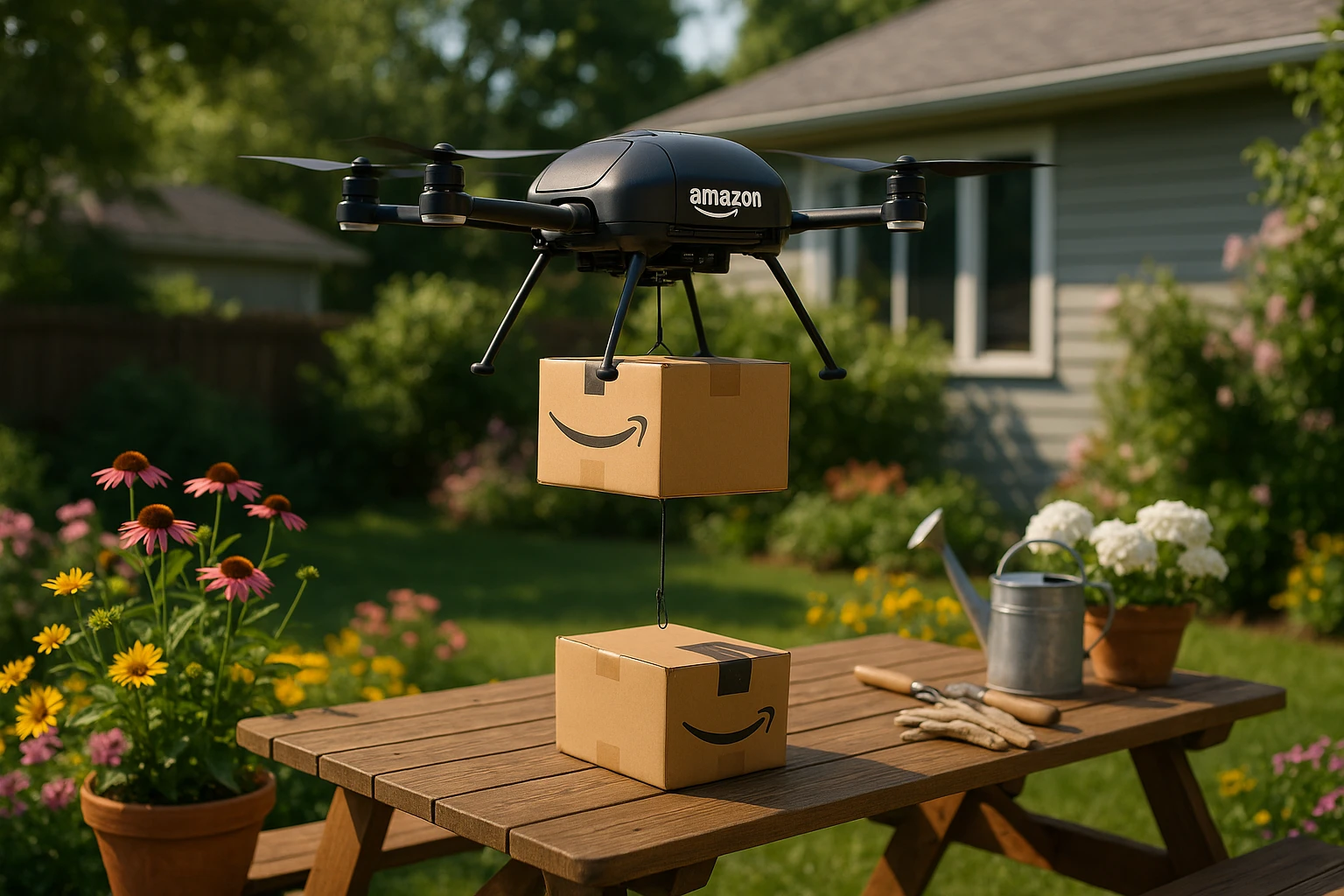 An Amazon delivery drone hovering over a suburban backyard, gently lowering a package onto a picnic table surrounded by blooming flowers and garden tools, exemplifying innovative delivery methods.