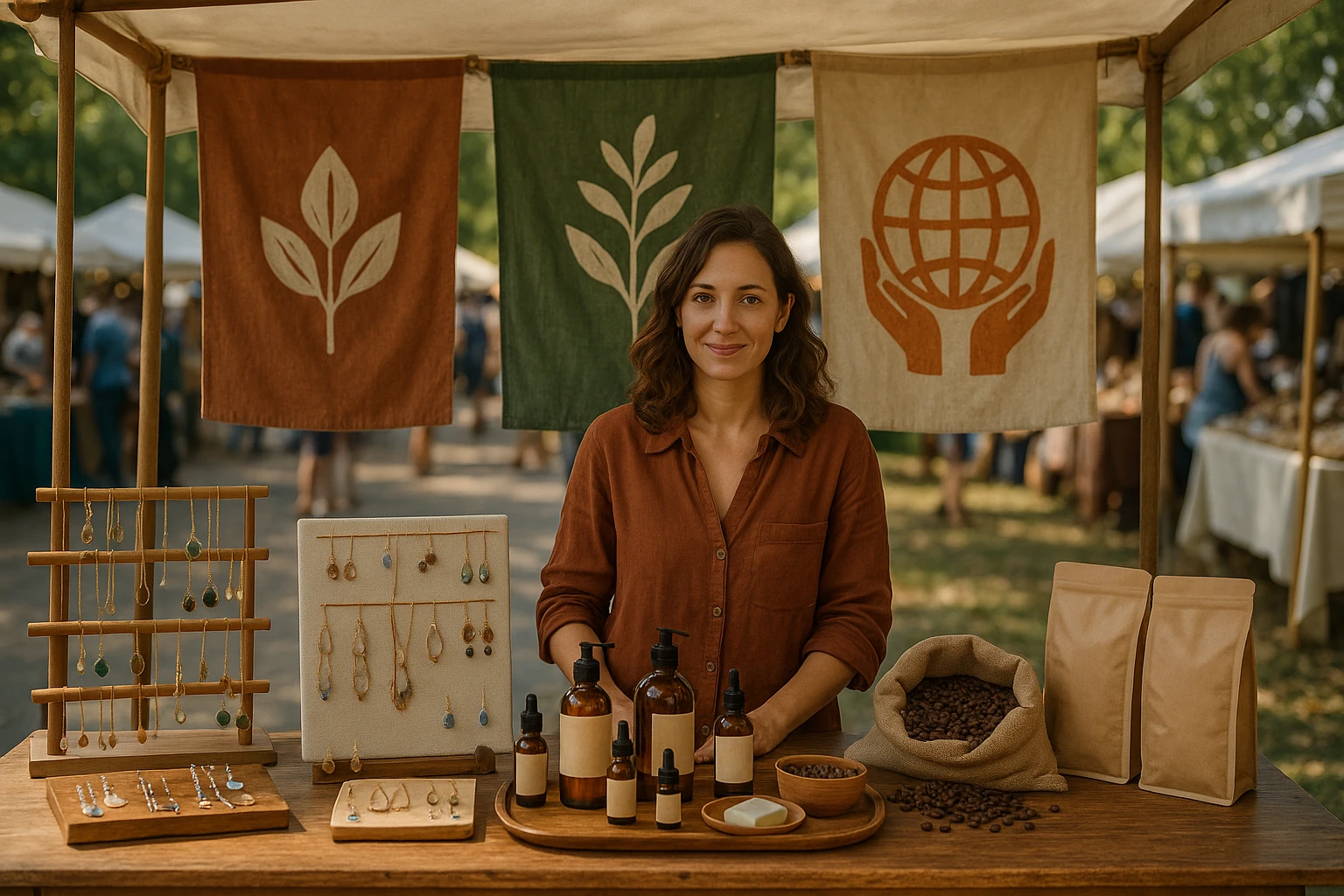 An artisan market stall showcasing handcrafted jewelry, organic skincare products, and fair-trade coffee, with vibrant banners highlighting ethical and sustainable practices, set against a backdrop of a bustling outdoor fair.