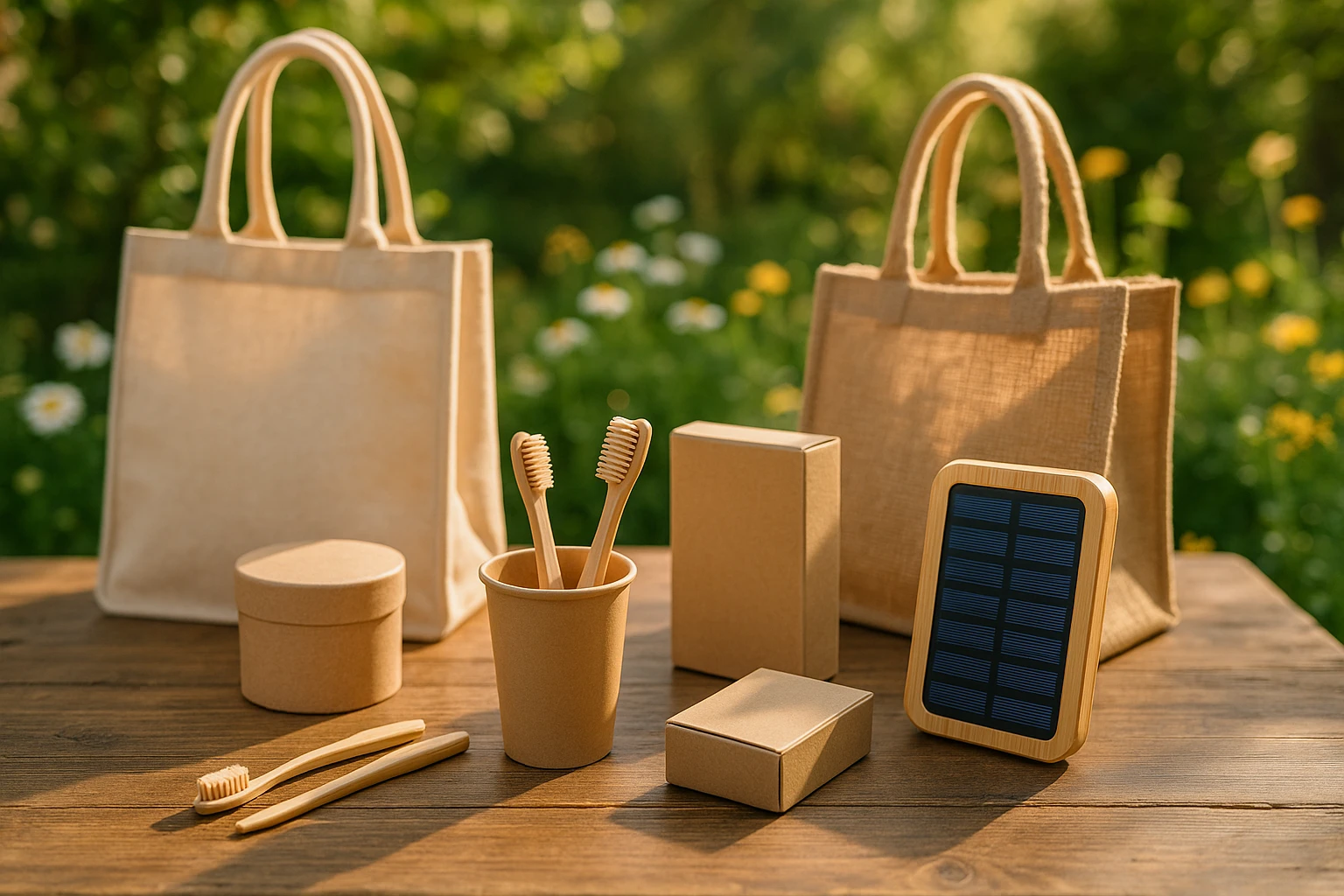 A display of eco-friendly packaging with bamboo toothbrushes, reusable shopping bags, and solar-powered gadgets on a wooden table, set in a sunlit garden filled with flowering plants, illustrating a commitment to sustainable living.