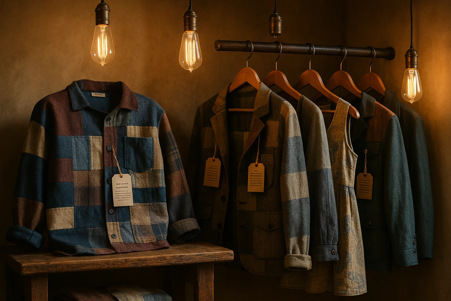 A rustic wooden shelf in a cozy boutique, displaying a variety of upcycled clothing made from recycled fabrics and vintage textiles, illuminated by warm Edison bulbs hanging from above, with informational tags highlighting sustainable production practices.