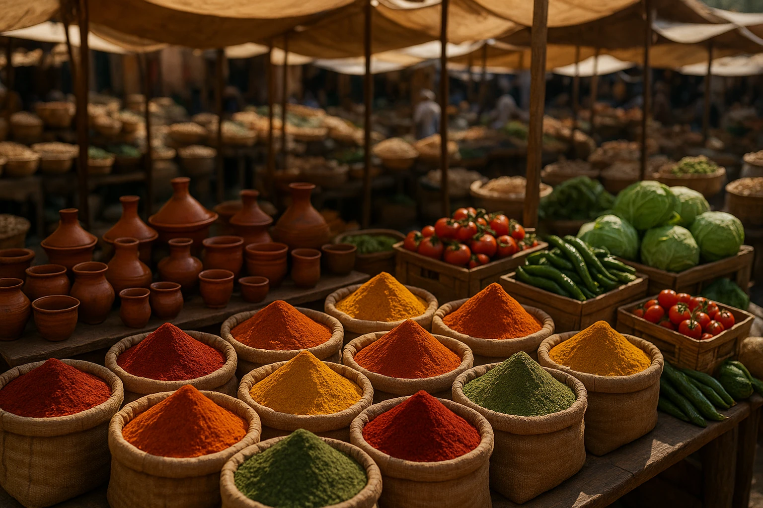 A bustling food market scene featuring a variety of exotic spices in vibrant colors neatly arranged in labeled sacks, surrounded by handcrafted pottery and local organic produce, set in a sunlit open-air marketplace, capturing the essence of diverse, niche offerings beyond major platforms.