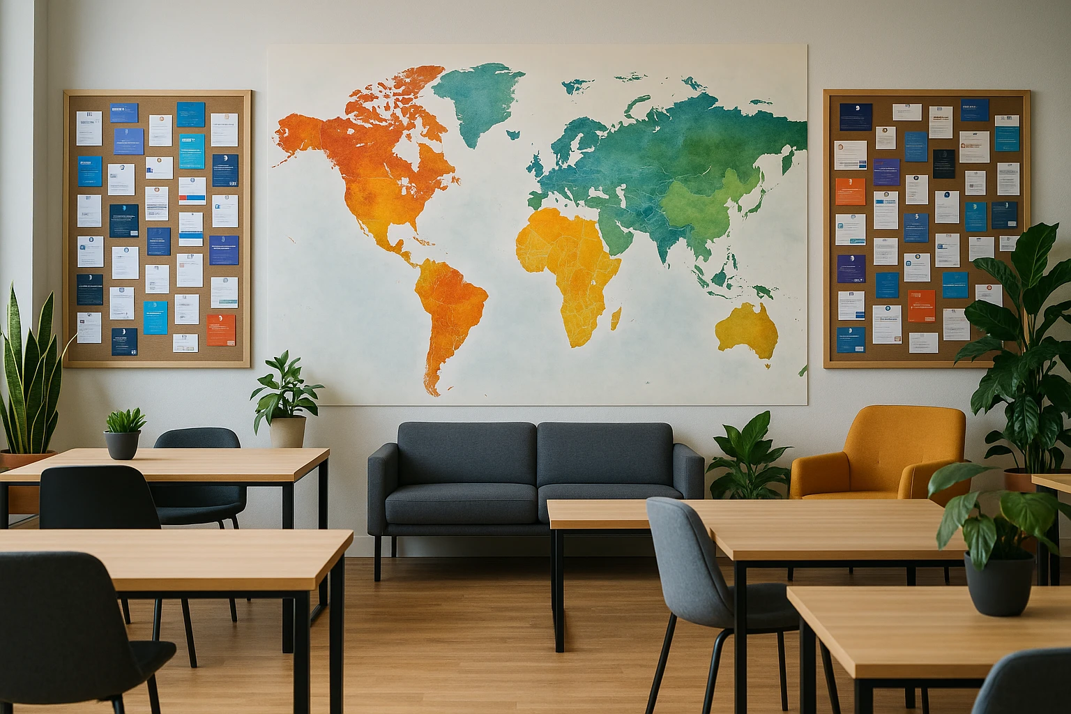 A vibrant coworking space featuring a large world map on the wall, surrounded by bulletin boards filled with diverse business cards and flyers from platforms like WooCommerce, BigCommerce, and Adobe Commerce, accented by potted plants and modern furniture.