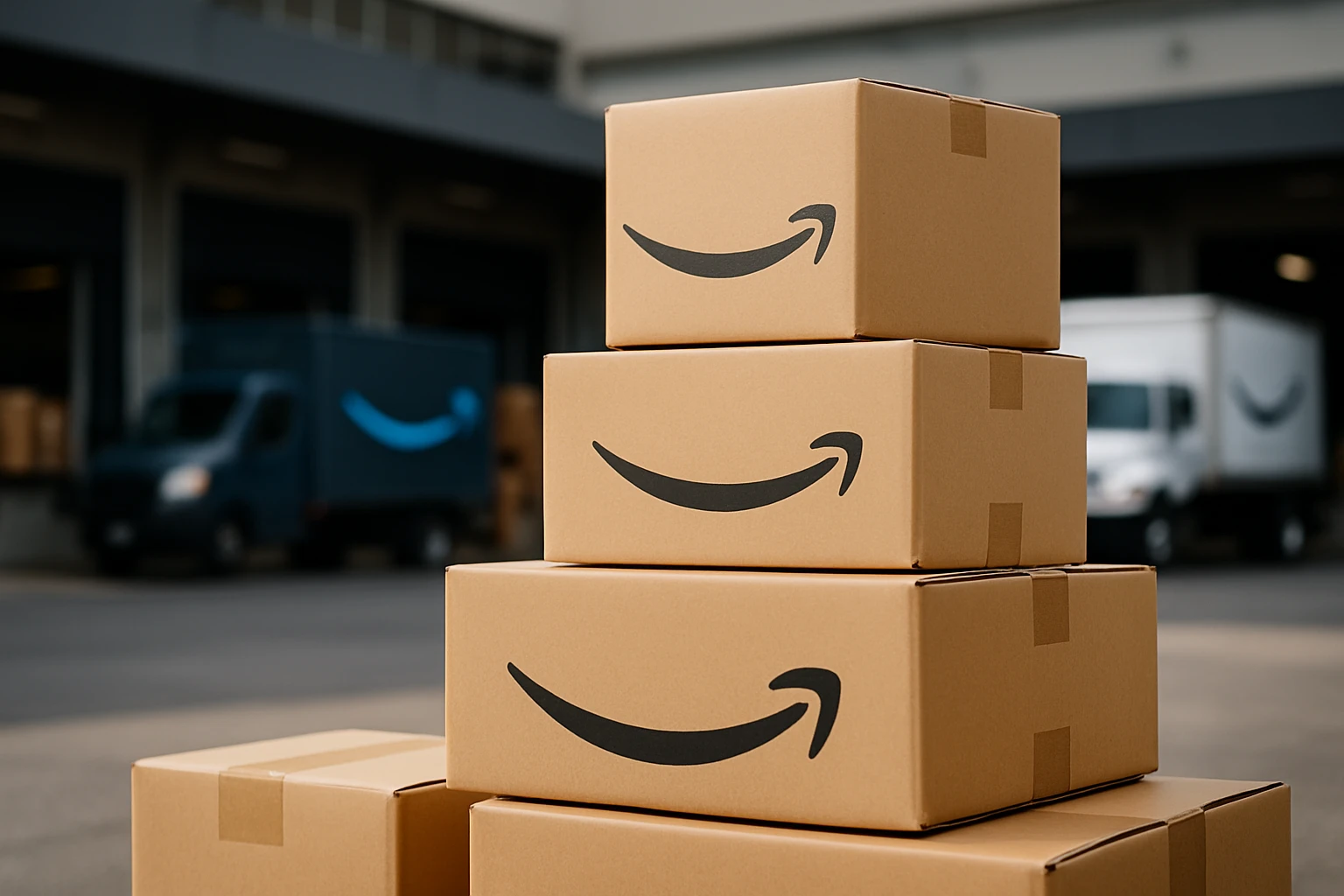 A close-up of a stack of Amazon packages with various sizes, each adorned with the iconic smile logo, set against the backdrop of a busy urban warehouse with loading bays and delivery trucks.
