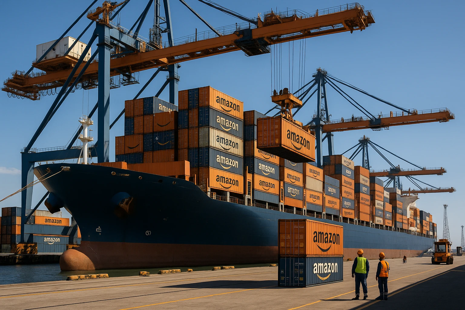 A bustling port with a massive cargo ship being loaded with containers, each marked with the Amazon logo, surrounded by towering cranes and workers in safety gear, against a backdrop of a clear blue sky.