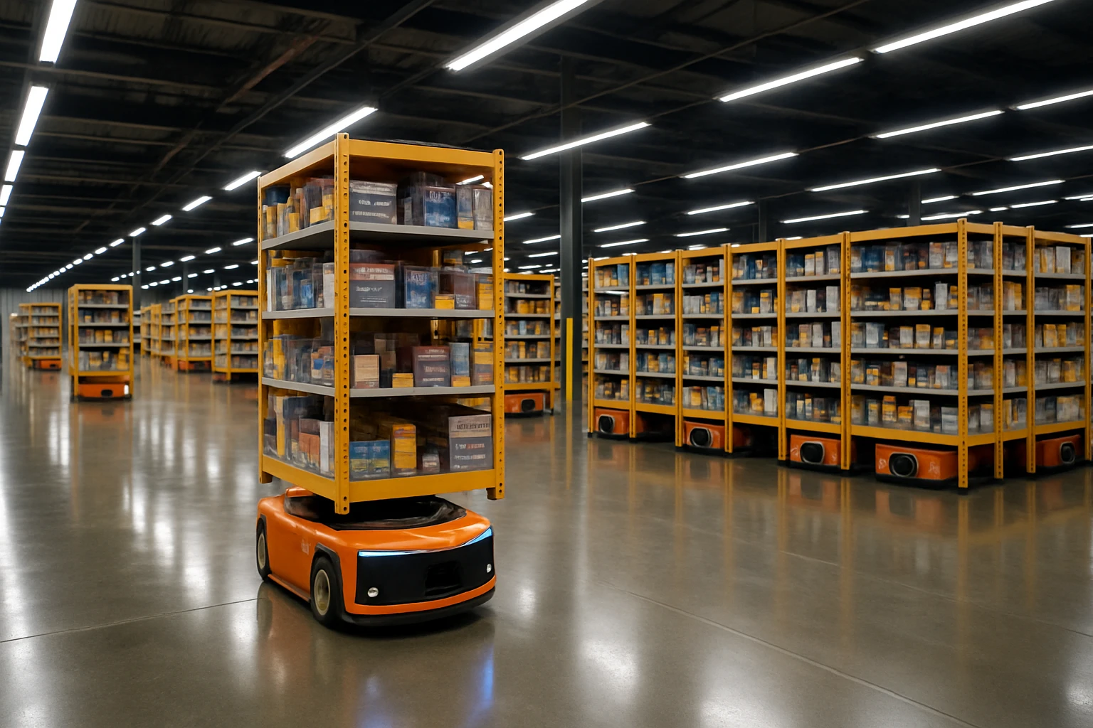 A high-tech Amazon fulfillment center interior with rows of orange robotic shelves moving autonomously along shiny floors, surrounded by neatly organized merchandise stacks, under bright overhead lights.