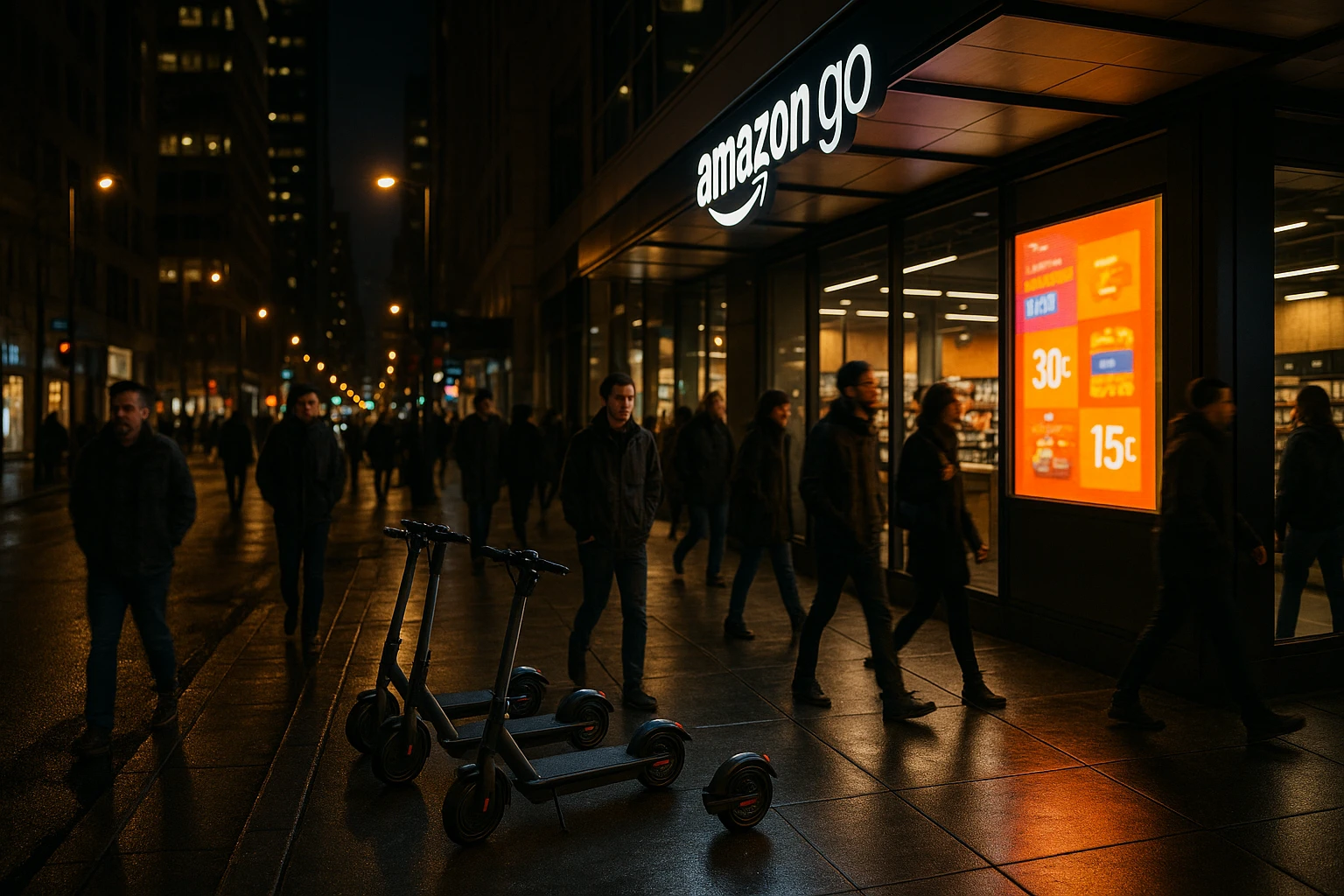 A bustling city street at night featuring a prominent Amazon Go store with bright lights and a digital sign displaying special offers, surrounded by pedestrians and sleek electric scooters parked nearby.