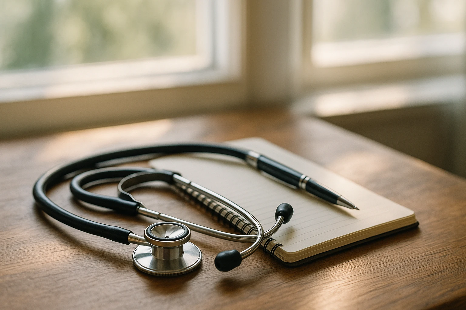 A set of diagnostic tools including a stethoscope, notepad, and pen placed on a wooden table next to a window with natural light streaming in, suggesting a tranquil and thoughtful setting for mental health evaluation.