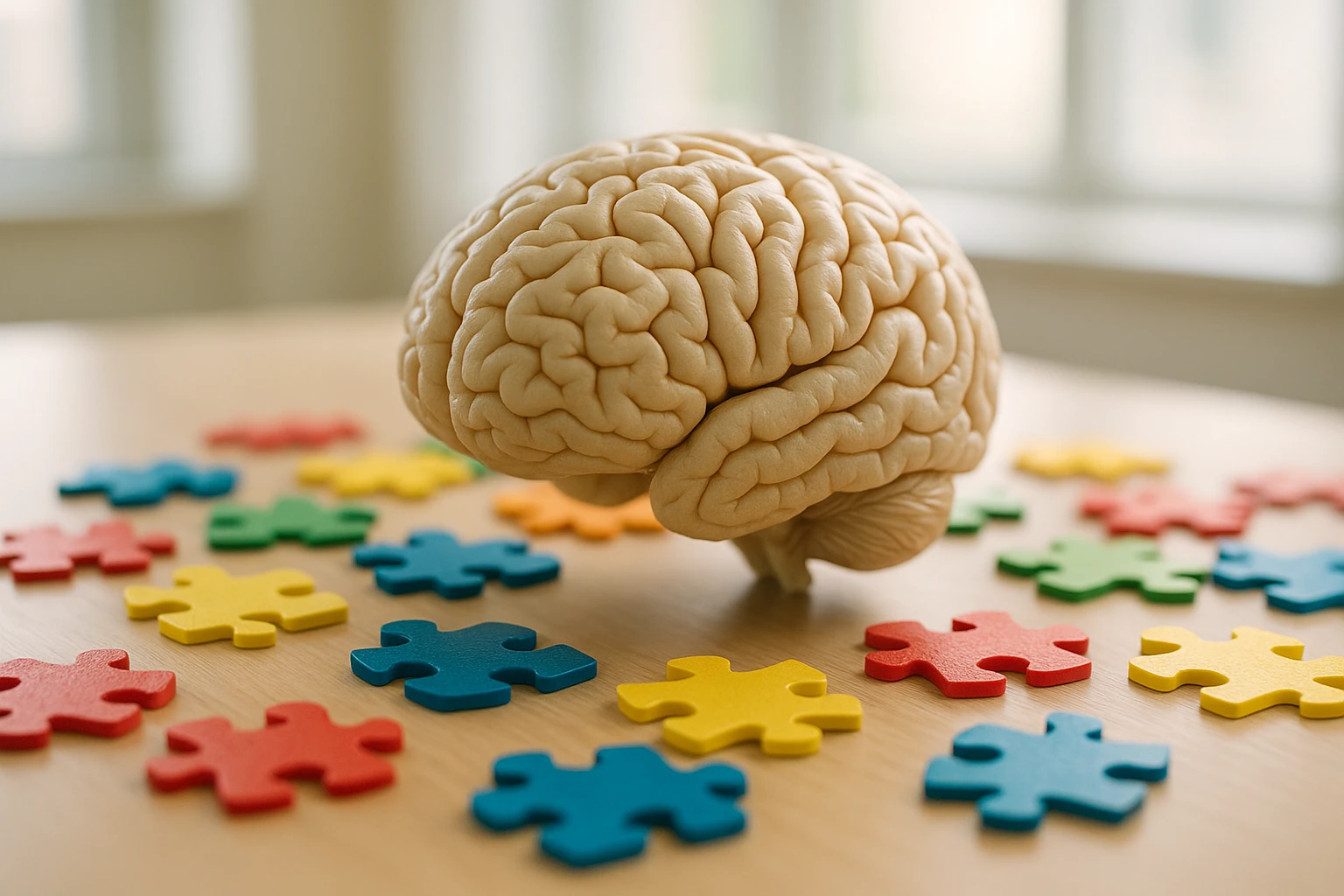 A close-up of an intricately designed model brain on a table surrounded by vibrant, colorful puzzle pieces, symbolizing the complexity and challenges of mental health diagnostics in a brightly lit room.