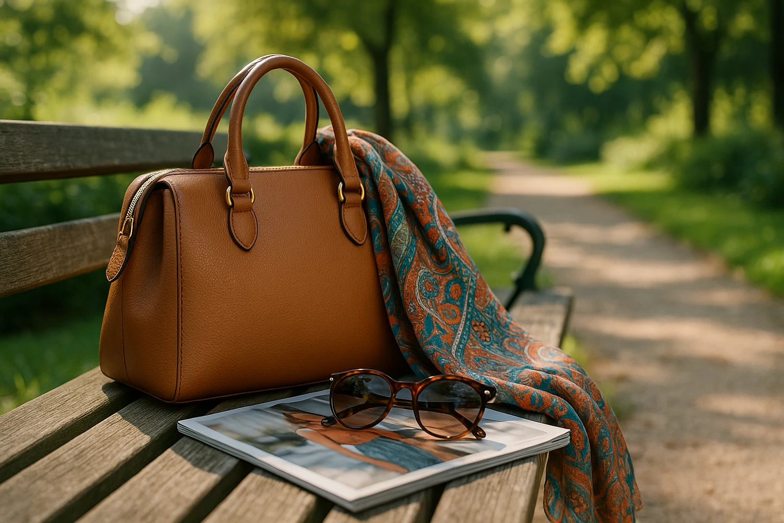A vibrant outdoor scene with a stylish handbag, a patterned scarf draped over a park bench, and sunglasses resting on a magazine, all set against a backdrop of lush greenery and a sunlit path.