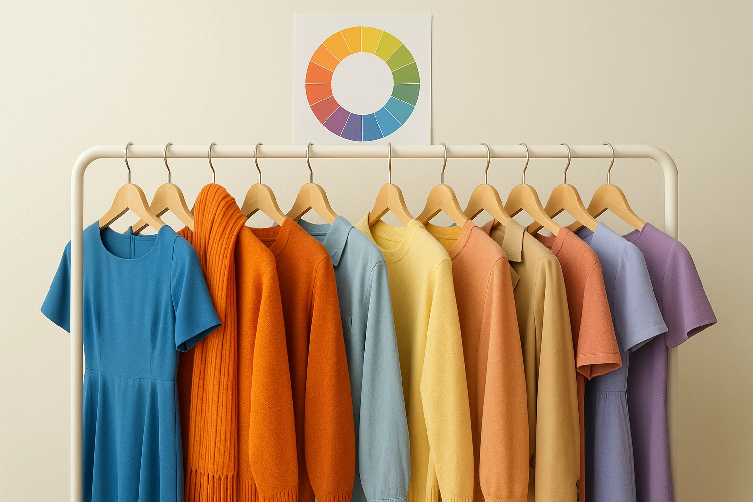 A colorful wardrobe scene featuring a neatly arranged clothing rack showcasing garments in complementary color pairs, such as a blue dress next to an orange scarf, set against a bright, minimalist backdrop with a color wheel poster pinned above.