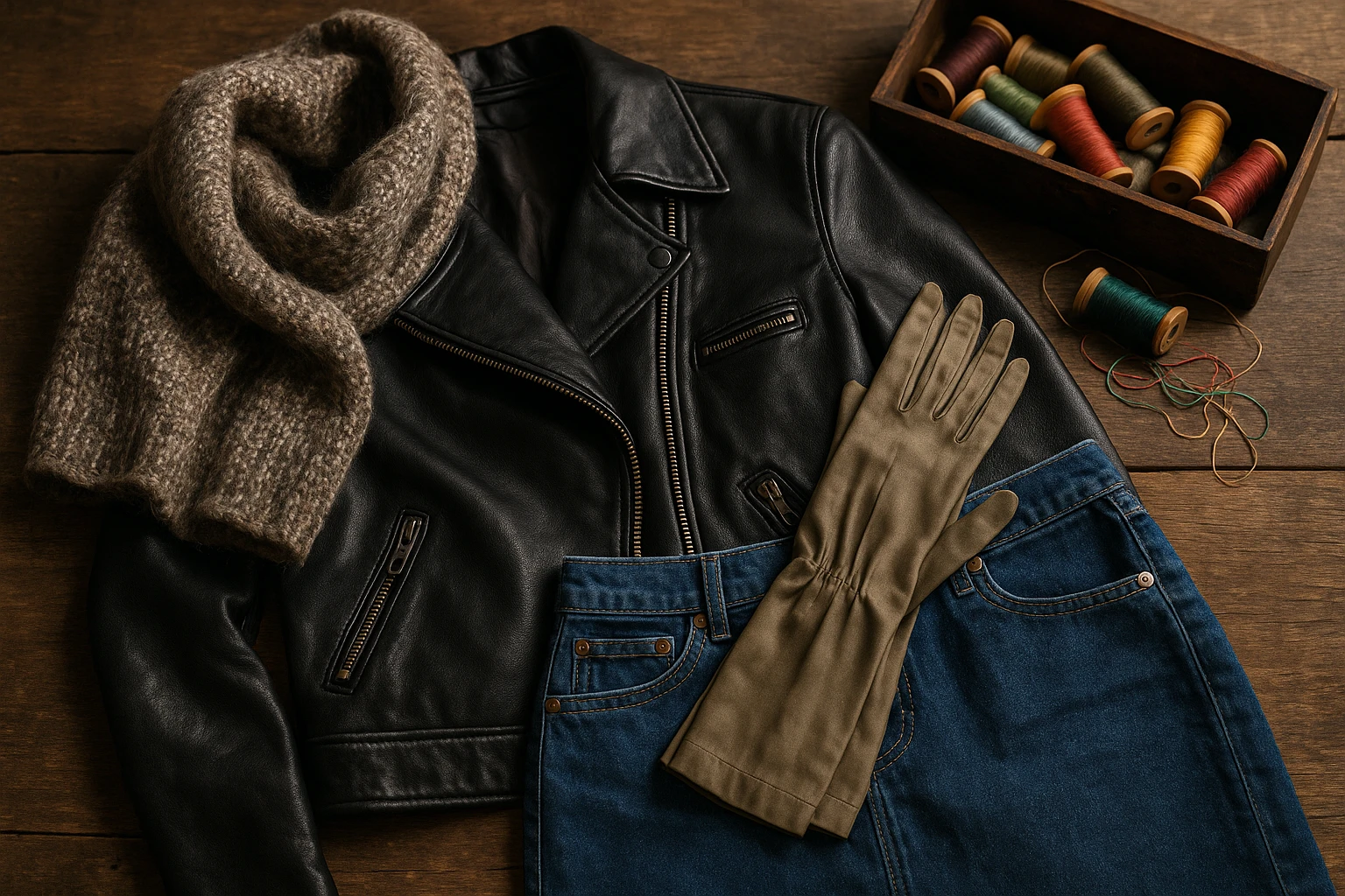 A close-up of a stylish outfit laid on a rustic wooden table, featuring a textured woolen scarf, a sleek leather jacket, a pair of silk gloves, and a denim skirt, accompanied by a vintage sewing kit with colorful threads spilling out.