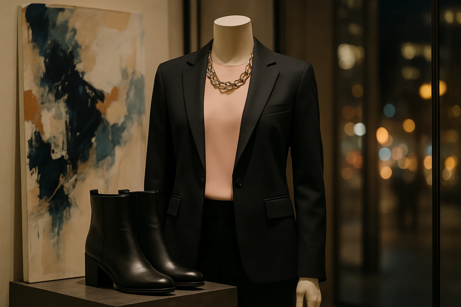 An urban fashion boutique display featuring a mannequin dressed in a sleek, tailored blazer over a pastel blouse, accessorized with a statement necklace and a pair of chic leather ankle boots, set against a backdrop of abstract art and a floor-to-ceiling mirror reflecting city lights.