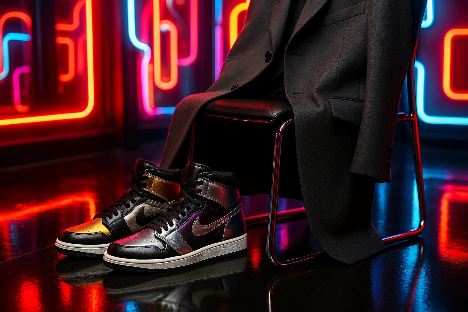 A vibrant fashion event scene featuring a pair of striking high-top sneakers with metallic accents placed next to a sleek, tailored overcoat on a metallic chair, surrounded by neon signs and a glossy black floor, highlighting the bold contrast and eclectic style fusion.