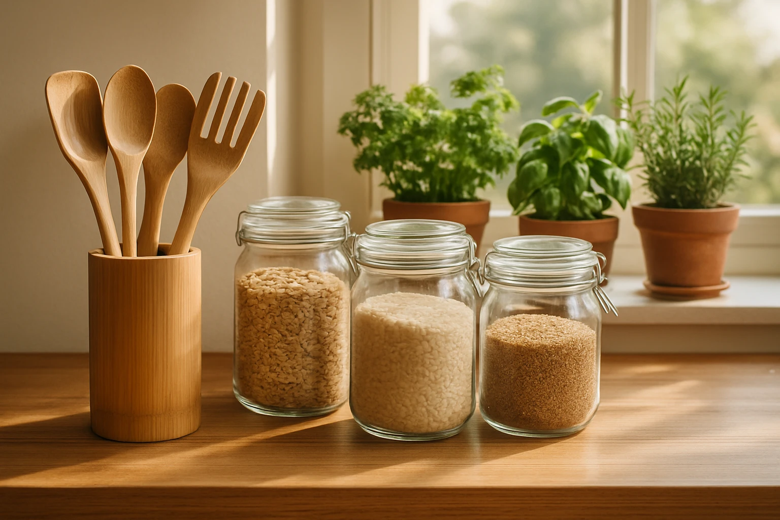 A cozy, sunlit kitchen featuring bamboo utensils on a wooden countertop, glass containers filled with bulk grains, and a potted herb garden on the windowsill, showcasing eco-friendly products in a sustainable home setting.