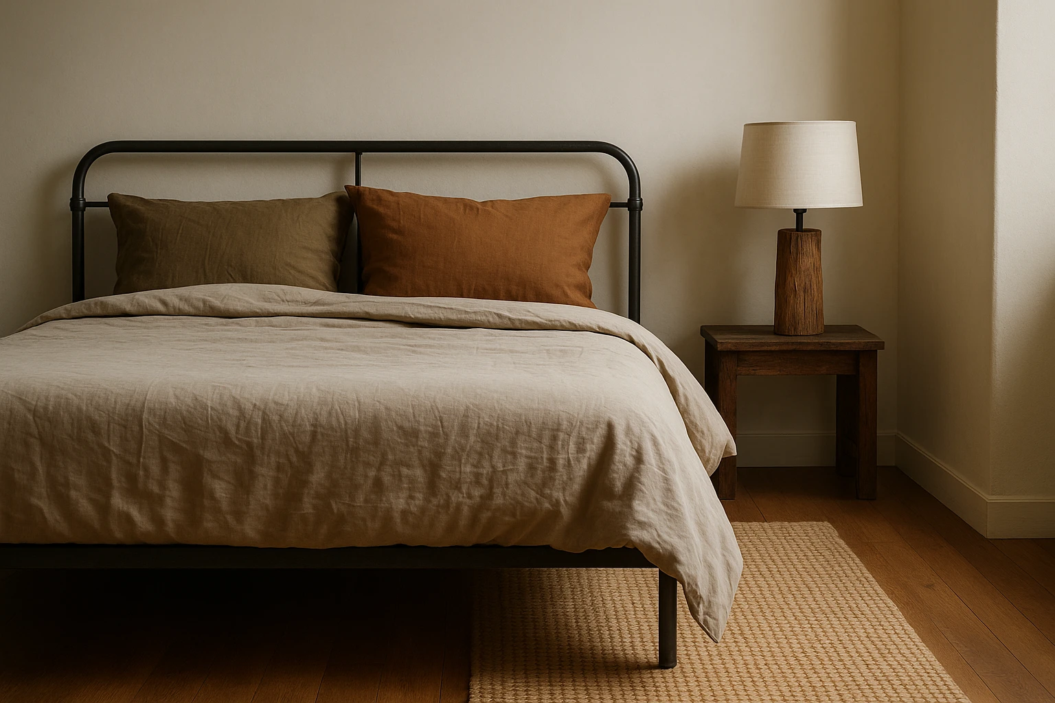 A minimalist bedroom showcasing a recycled metal bed frame, organic cotton bedding in earthy tones, and an energy-efficient lamp crafted from reclaimed wood, with a natural fiber rug on a hardwood floor.
