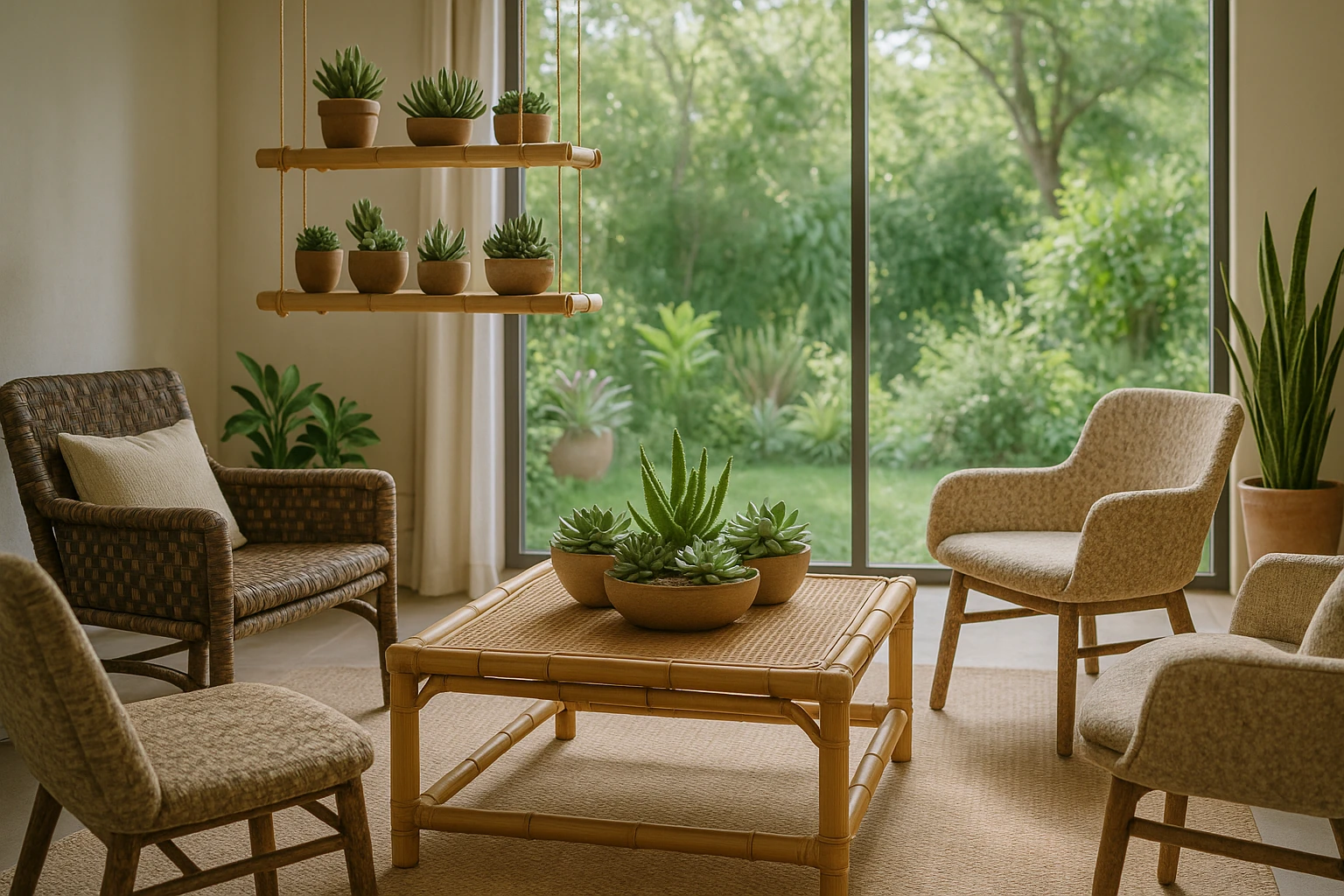 An airy living room with a bamboo coffee table surrounded by chairs made of recycled materials, featuring planters of various succulents on suspended bamboo shelves, and a large window overlooking a lush, green garden.