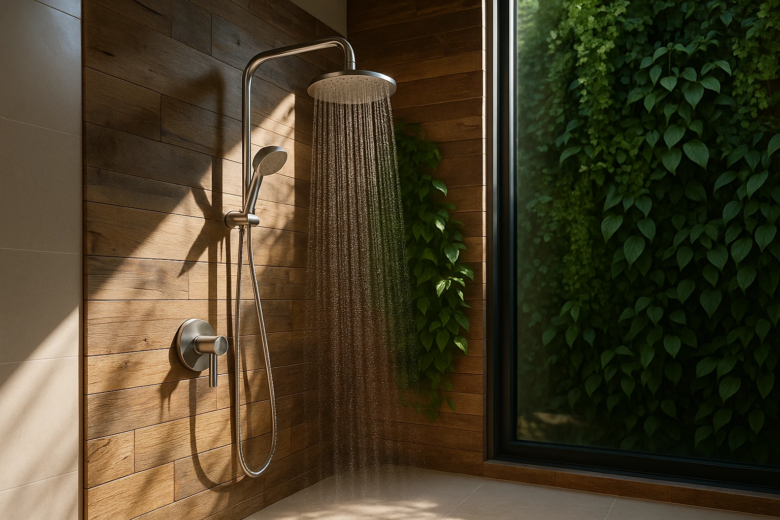 A sunlit bathroom featuring a sleek, modern shower with a water-saving, high-efficiency showerhead, surrounded by walls adorned with eco-friendly, reclaimed wood panels and a plant wall, creating a refreshing oasis.